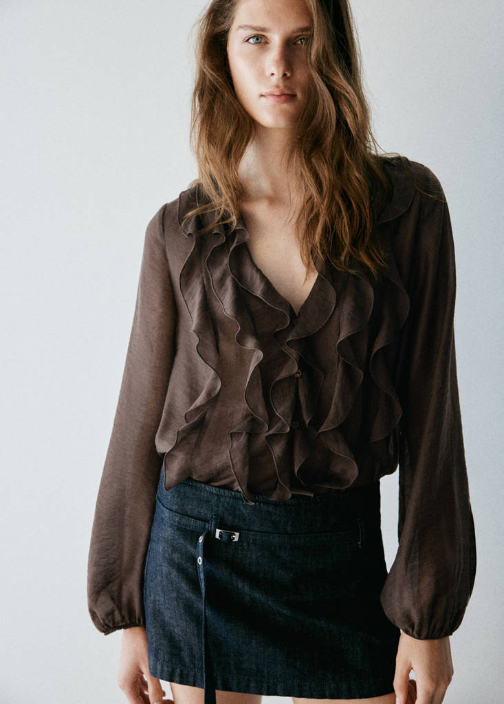Ruffled lyocell blouse — Brown