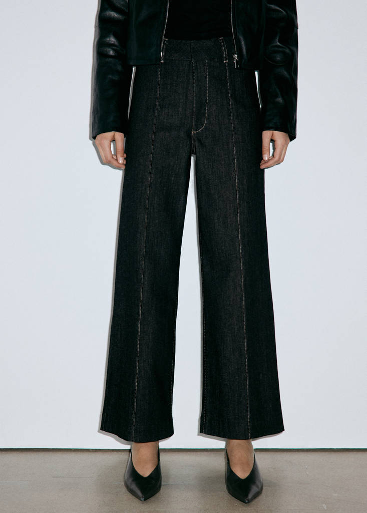 High-waisted wide leg jeans with stitching — Black