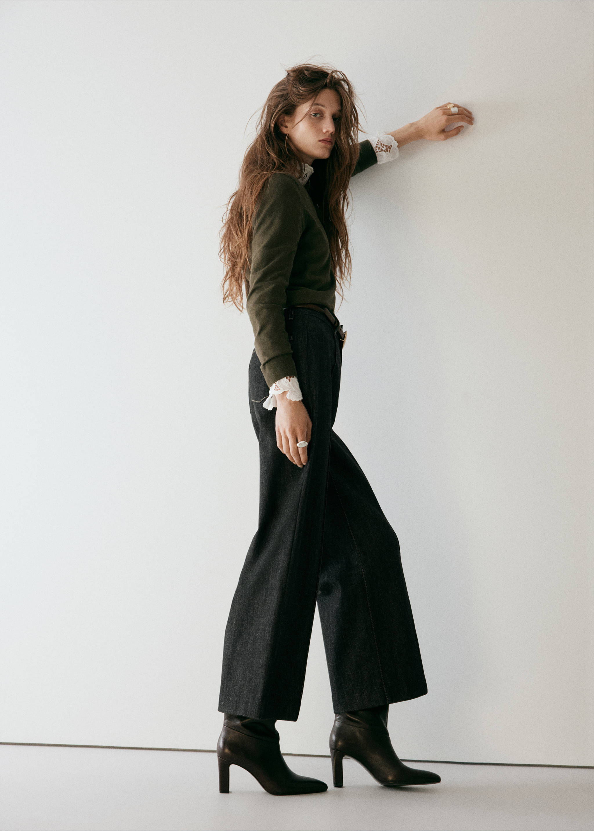 High-waisted wide leg jeans with stitching - General plane, Black. Ref: 37015869-01.