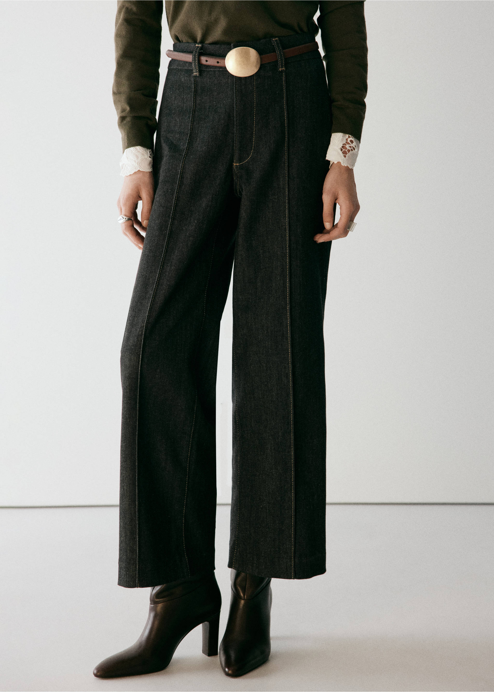 High-waisted wide leg jeans with stitching - Medium plane, Black. Ref: 37015869-01.