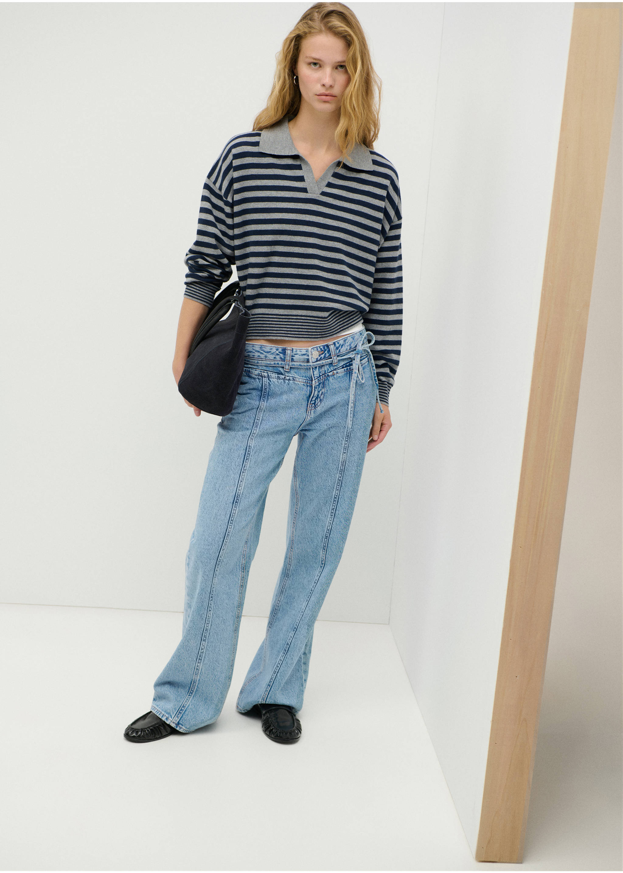 Τζιν low waist με κορδόνι - Γενικό πλάνο, Μεσαίο Μπλε. Ref: 37015878-00.