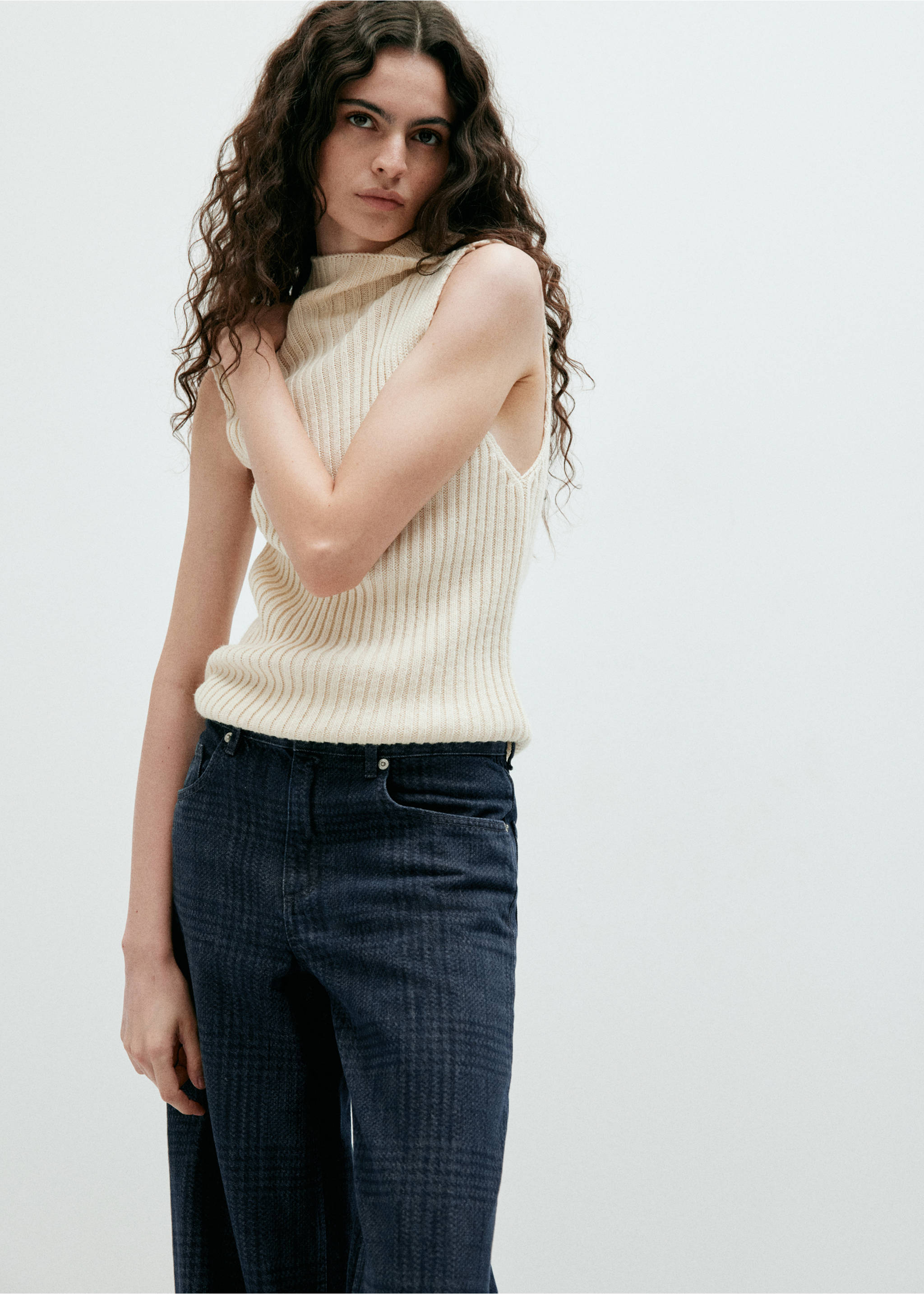 Wide leg plaid jeans - Medium plane, Open Blue. Ref: 37015879-00.