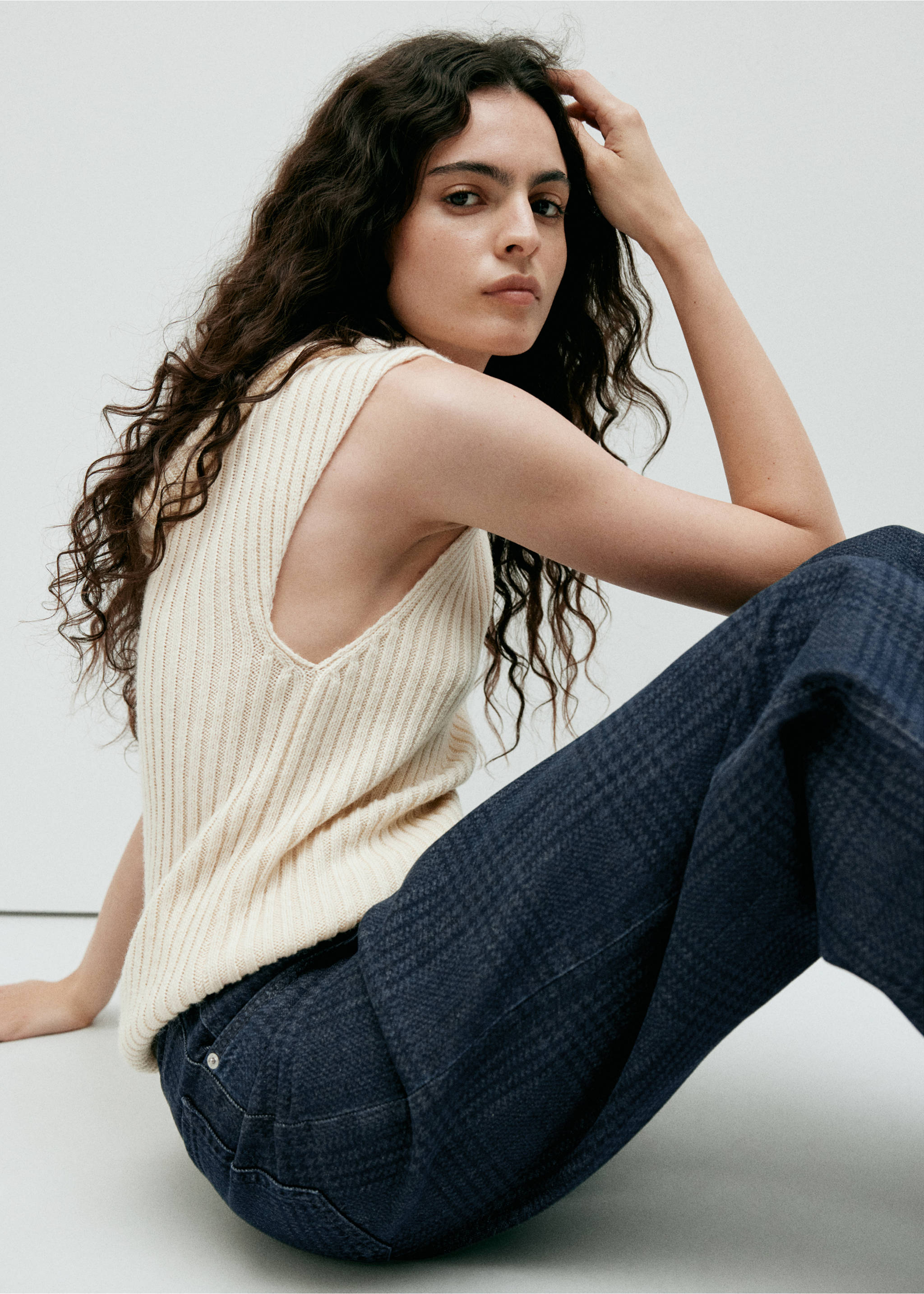 Wide leg plaid jeans - Details of the article 1, Open Blue. Ref: 37015879-00.