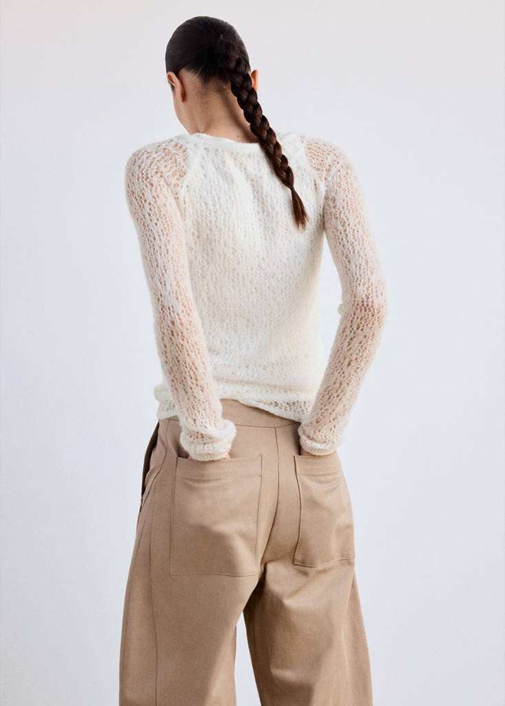 Openwork knitted jersey top with layered effect — Ecru