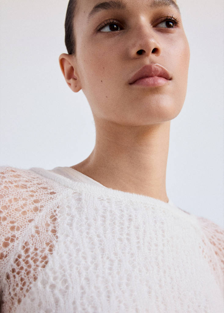 Openwork knitted jersey top with layered effect — Ecru