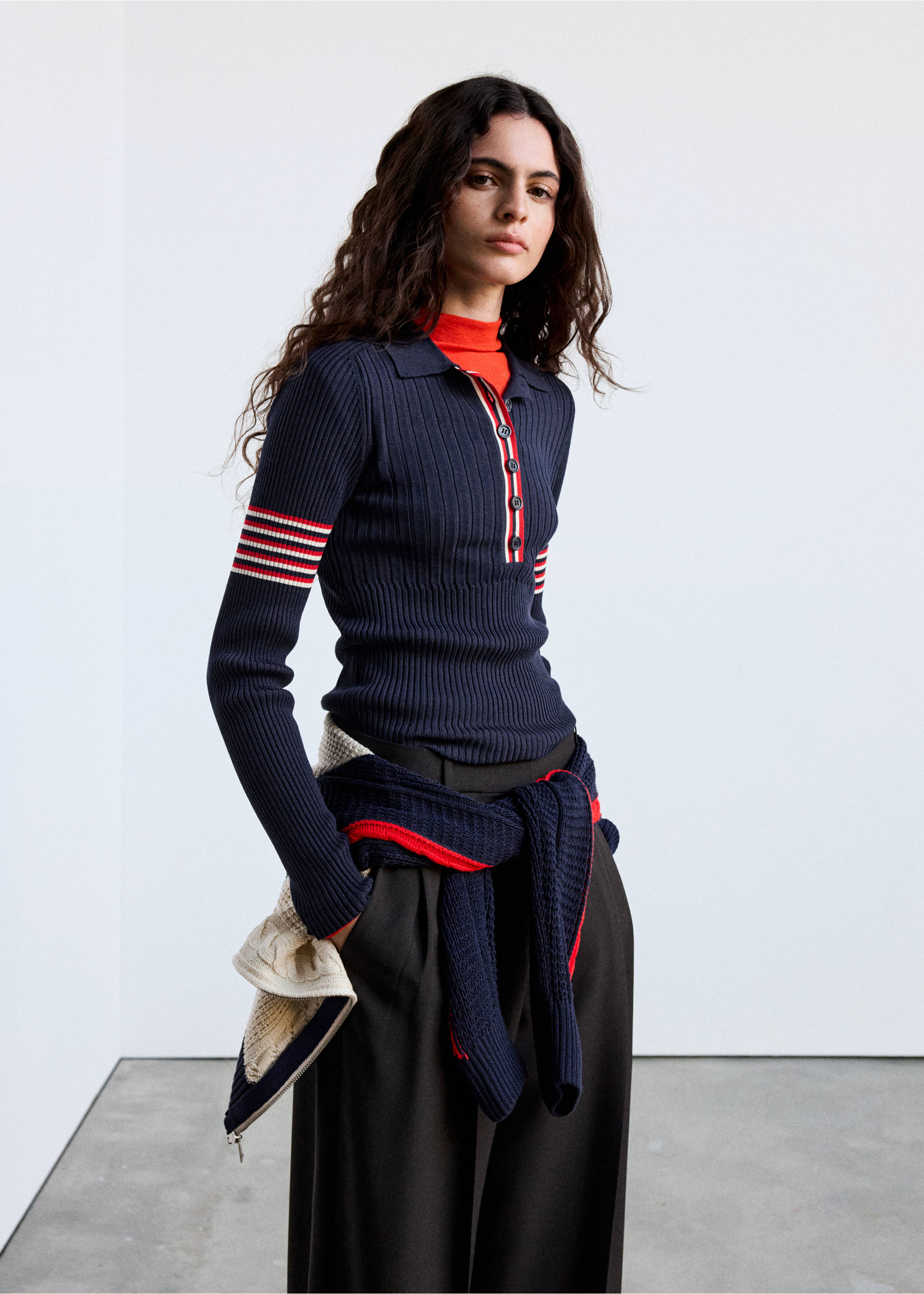 Ribbed sweater with contrast stripes - Medium plane, Navy. Ref: 37015896-00.