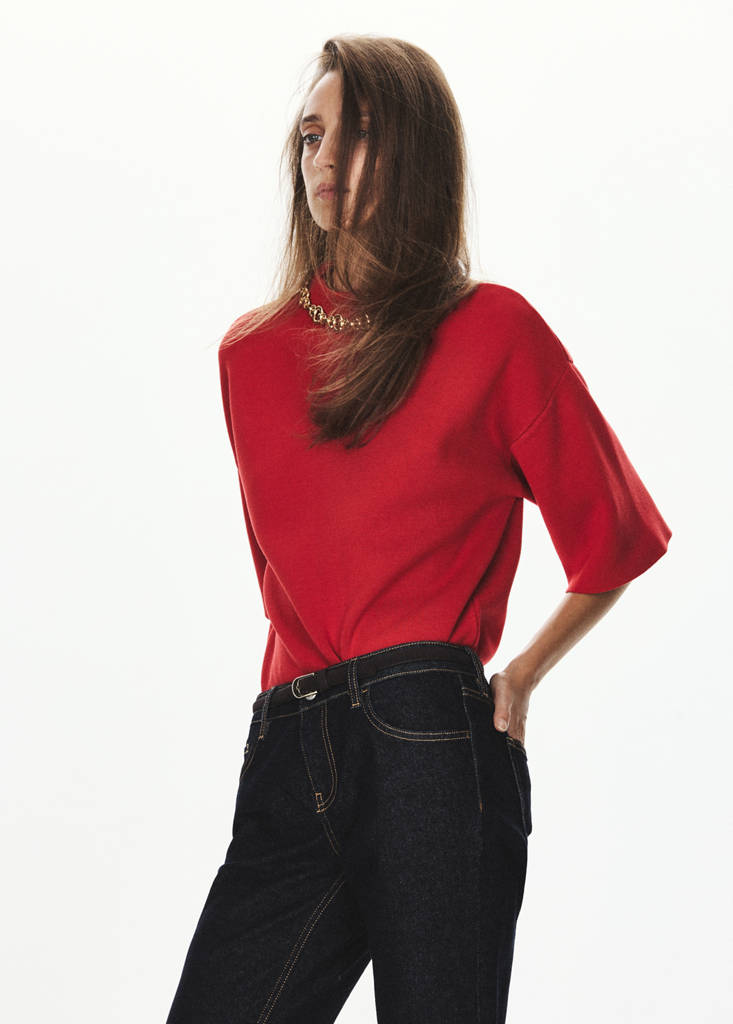 Fine-knit roll-neck jumper — Coral Red