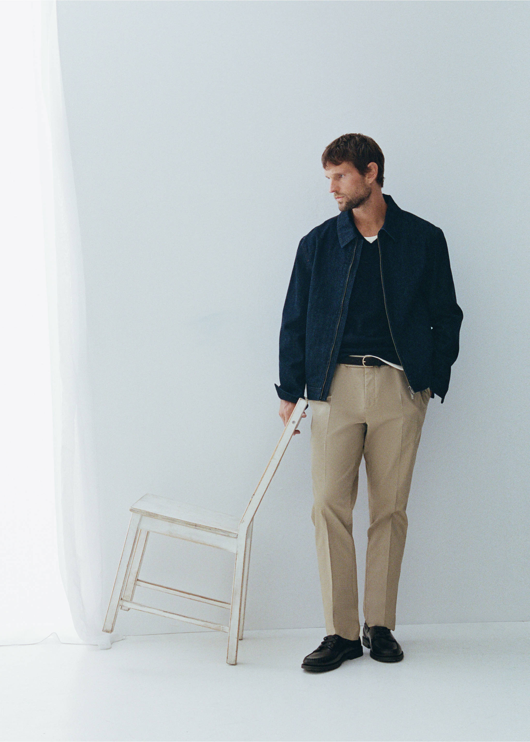 Beige trousers with centre creases, styled with a navy jacket and black shoes., Beige. Ref: 37015981-01.