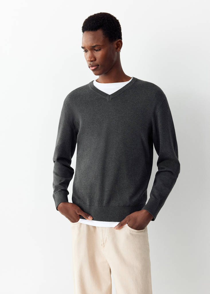 V-neck cotton sweater — Medium Heather Grey