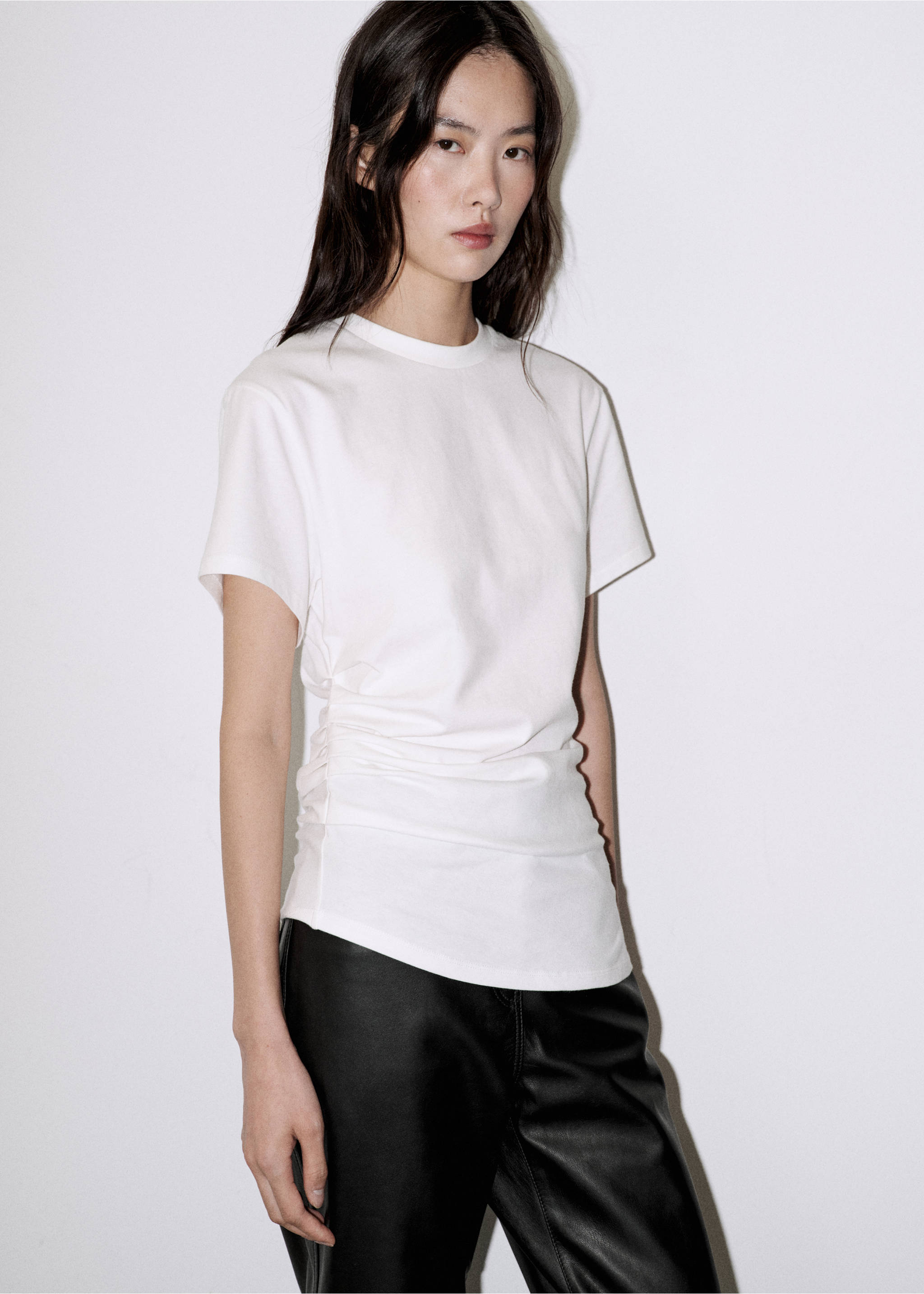 Gathered cotton t-shirt - Medium plane, White. Ref: 37016018-00.