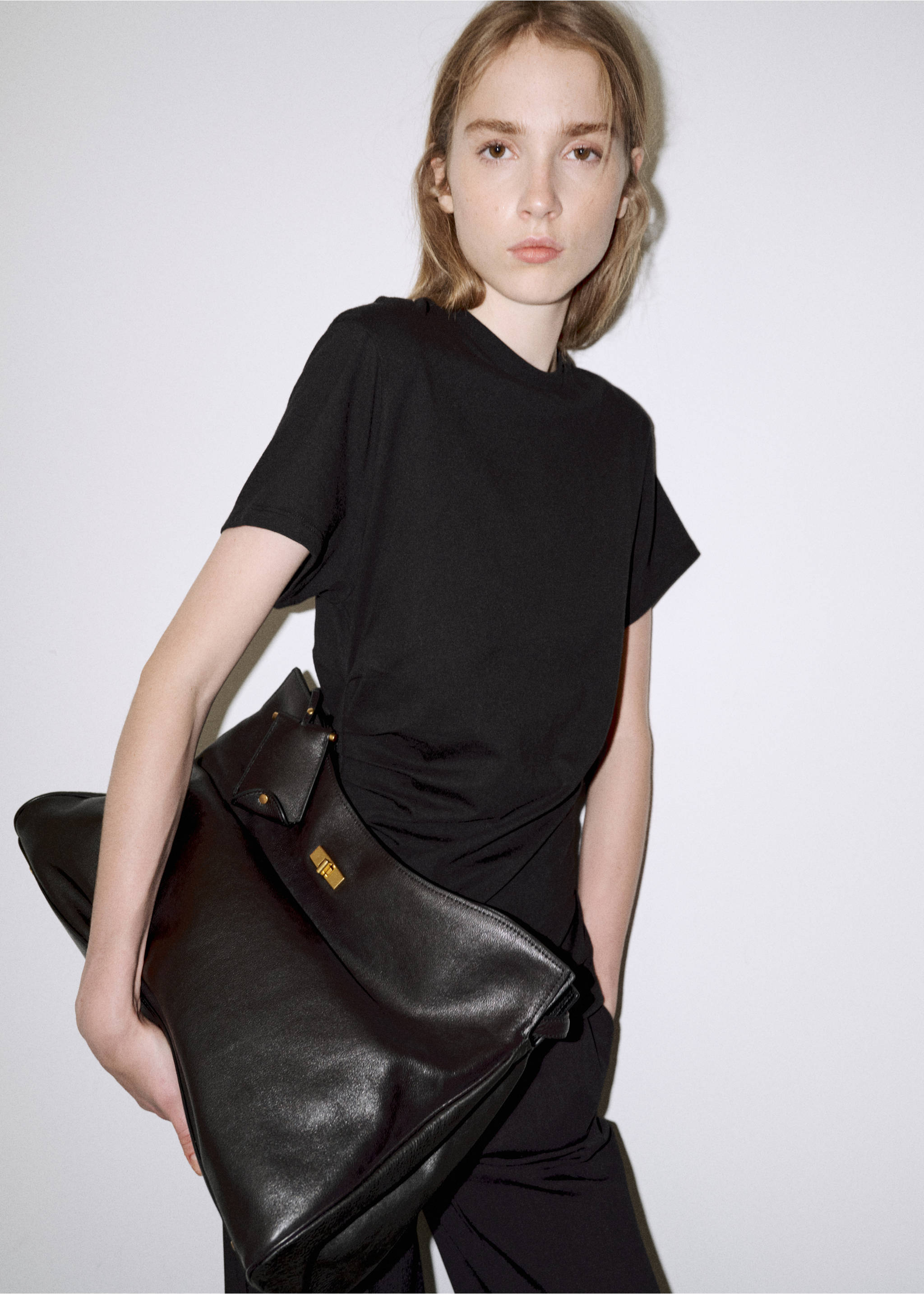 Gathered cotton t-shirt - Medium plane, Black. Ref: 37016018-00.