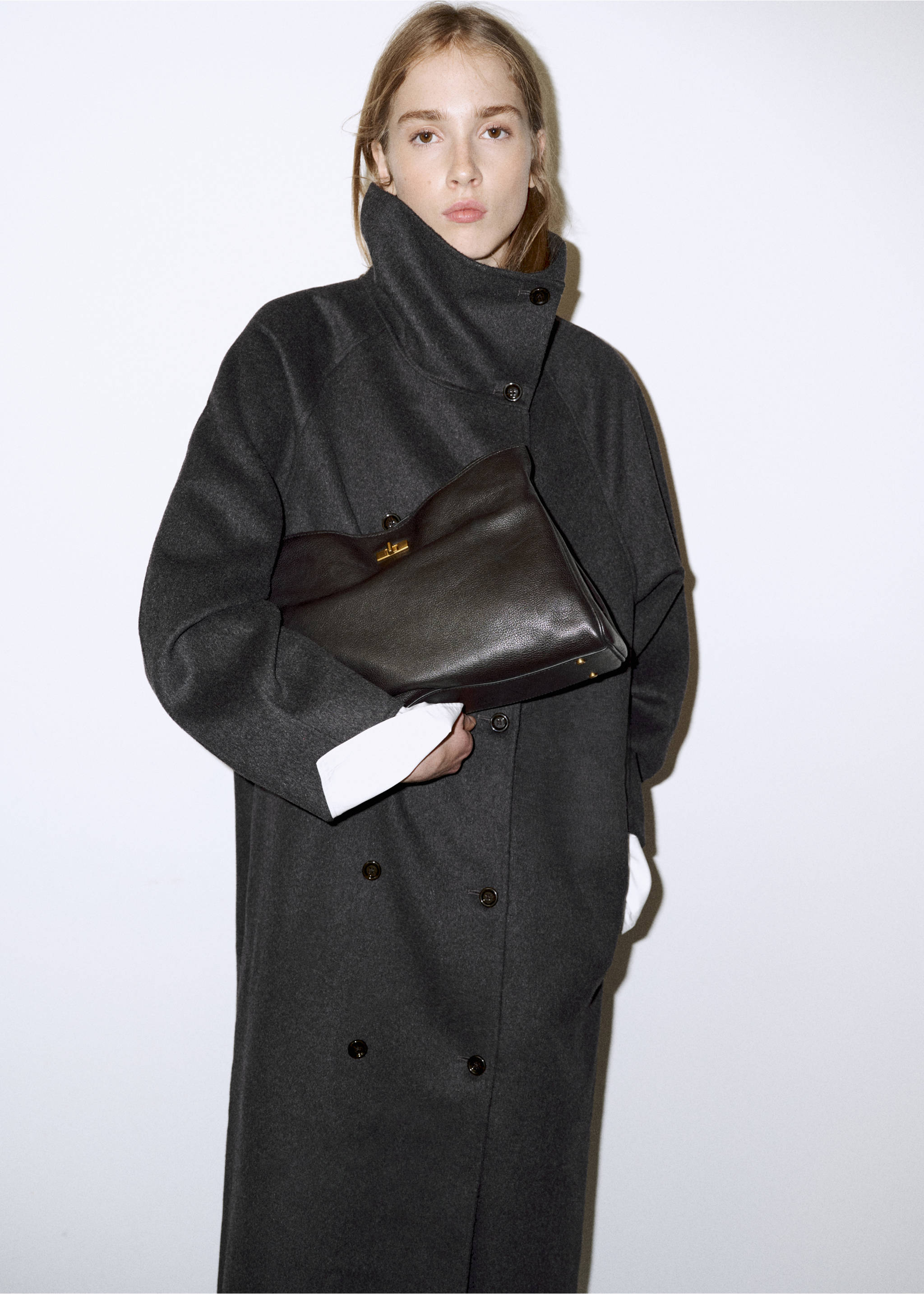 Wool coat with detachable scarf - Medium plane, Dark Heather Grey. Ref: 37016328-00.