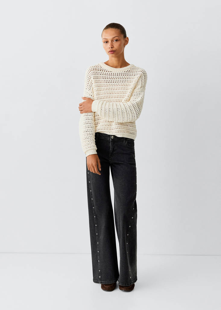 Wide-leg jeans with side eyelet details — Black denim