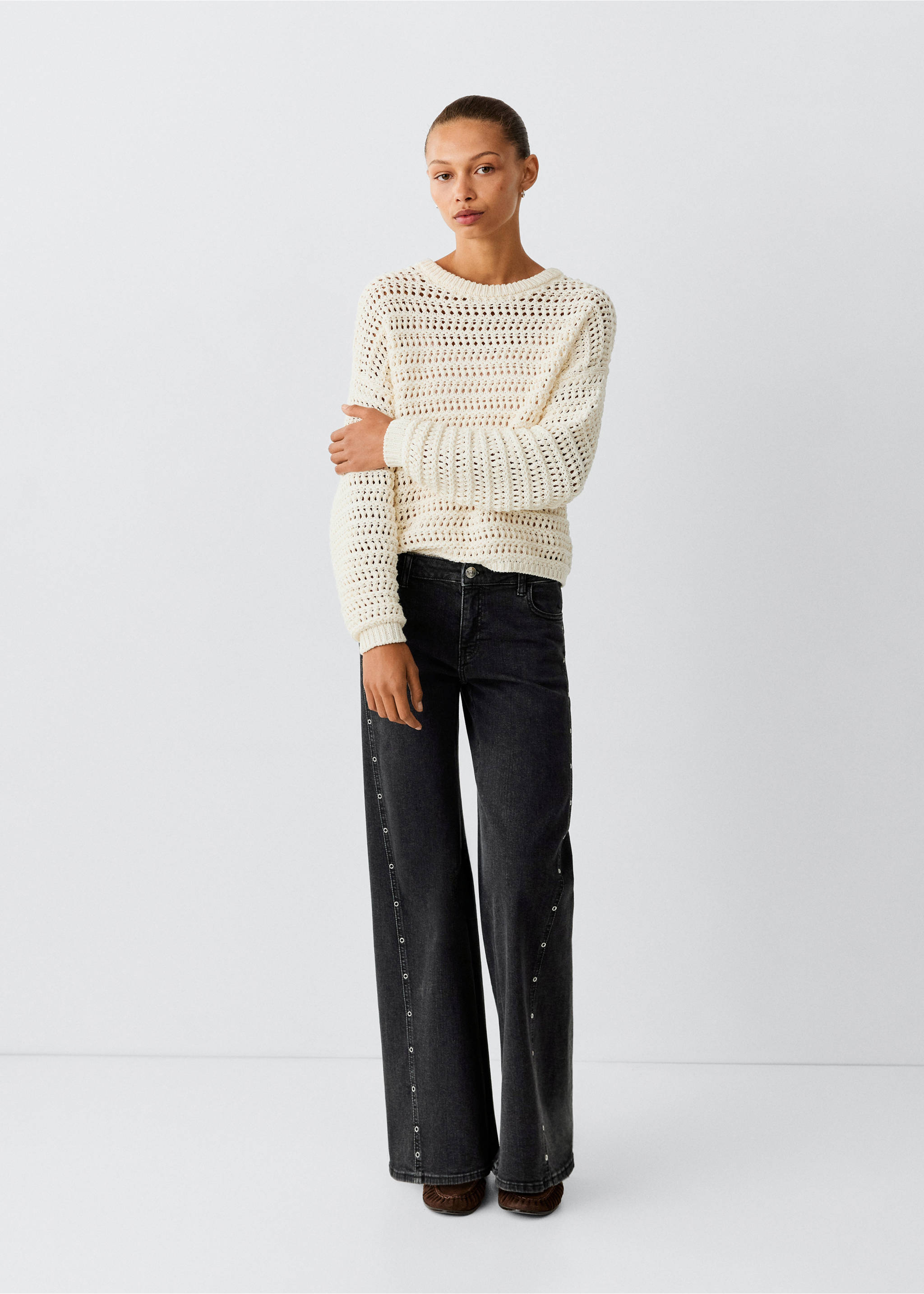 Wide-leg jeans with side eyelet detail - General plane, Black denim. Ref: 37016346-00.