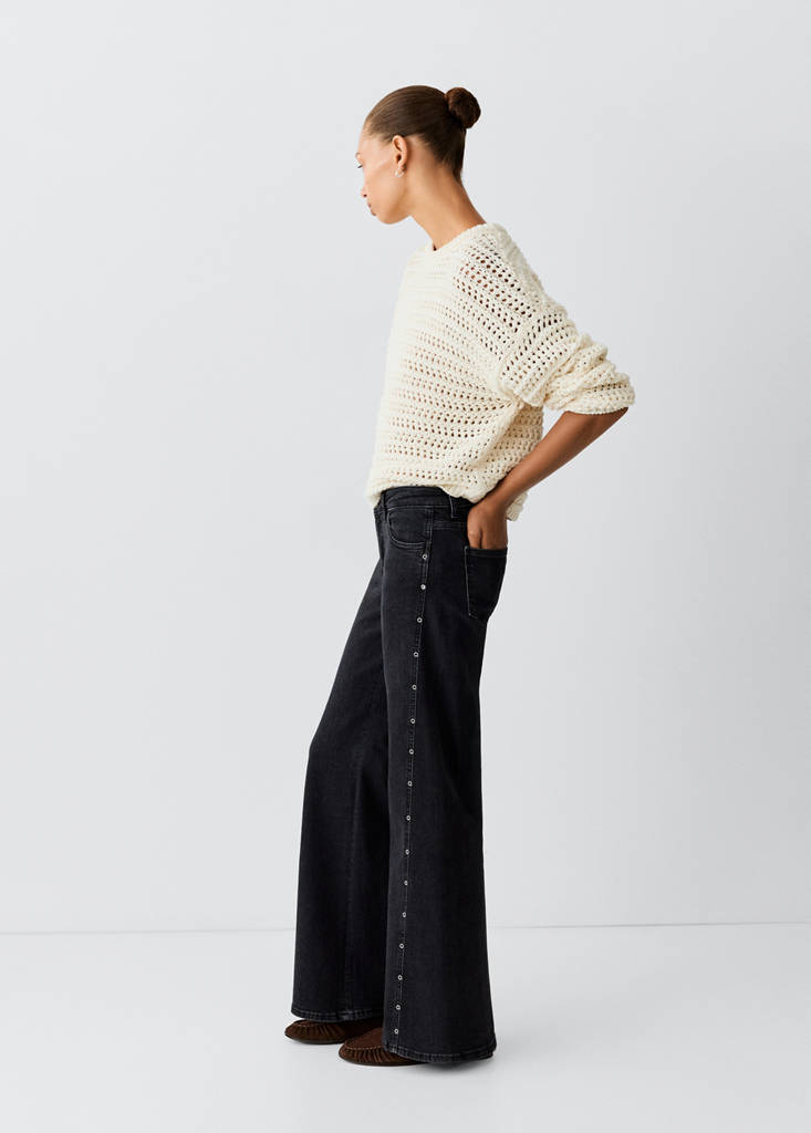 Wide-leg jeans with side eyelet details — Black denim