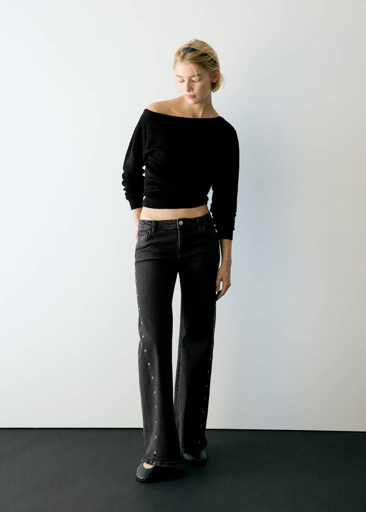 Wide-leg jeans with side eyelet details — Black denim