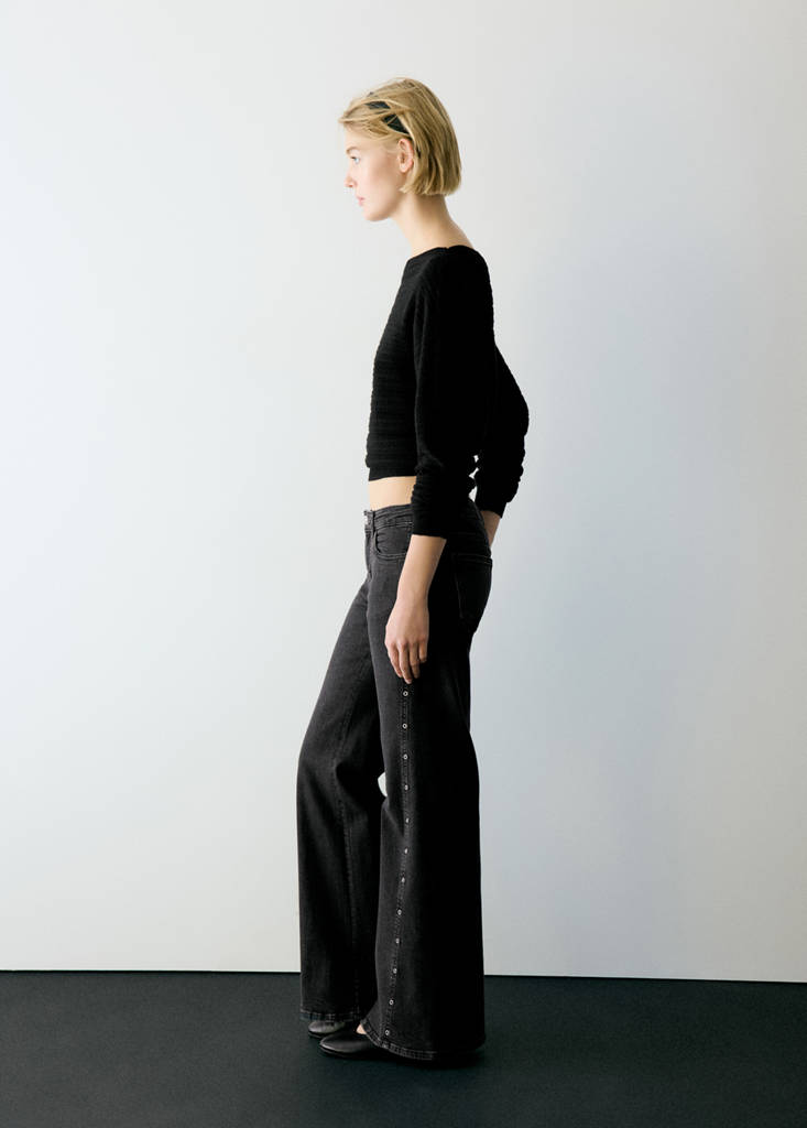 Wide-leg jeans with side eyelet details — Black denim