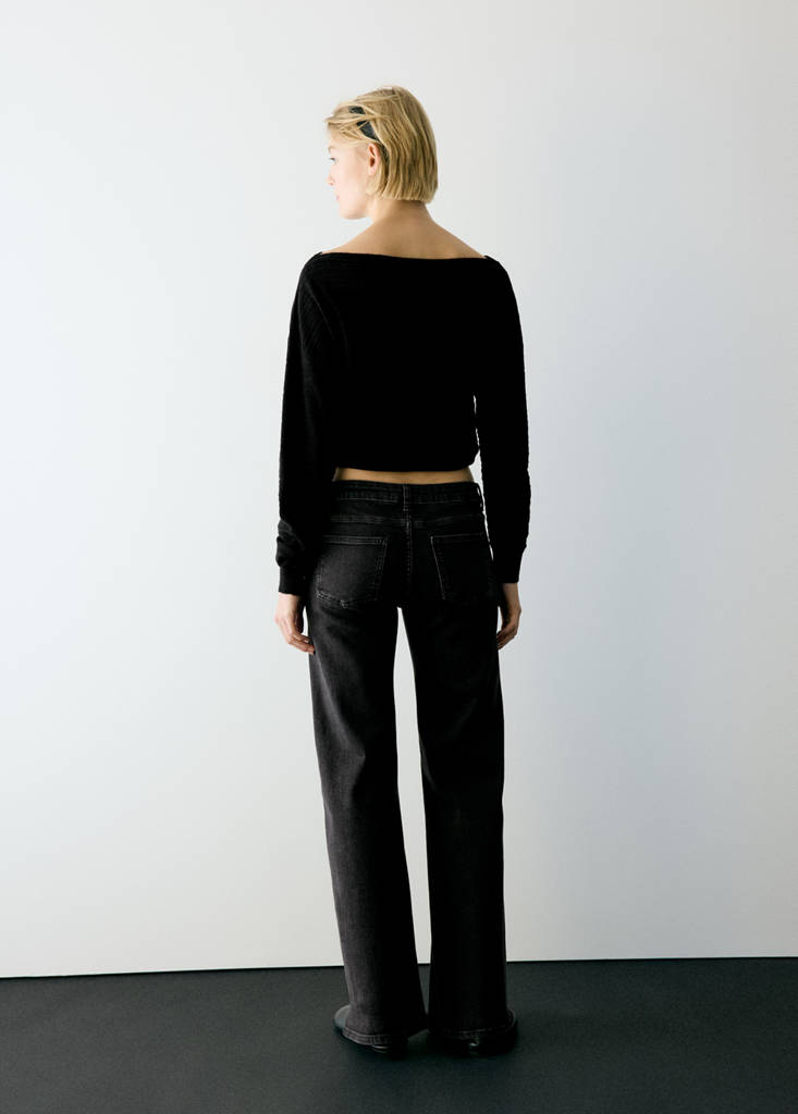Wide-leg jeans with side eyelet details — Black denim