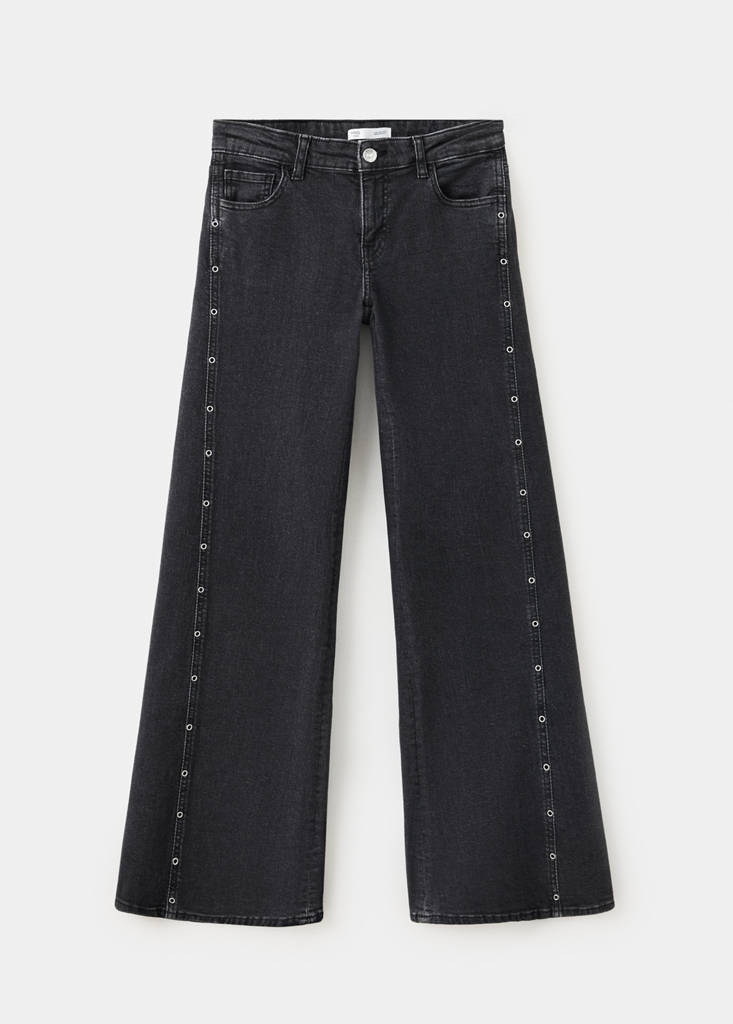 Wide-leg jeans with side eyelet details — Black denim