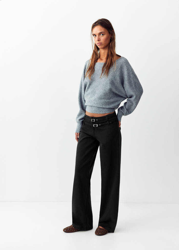 Wide-leg jeans with double belt detail — Charcoal