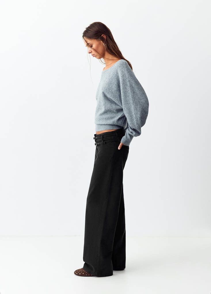 Wide-leg jeans with double belt detail — Charcoal