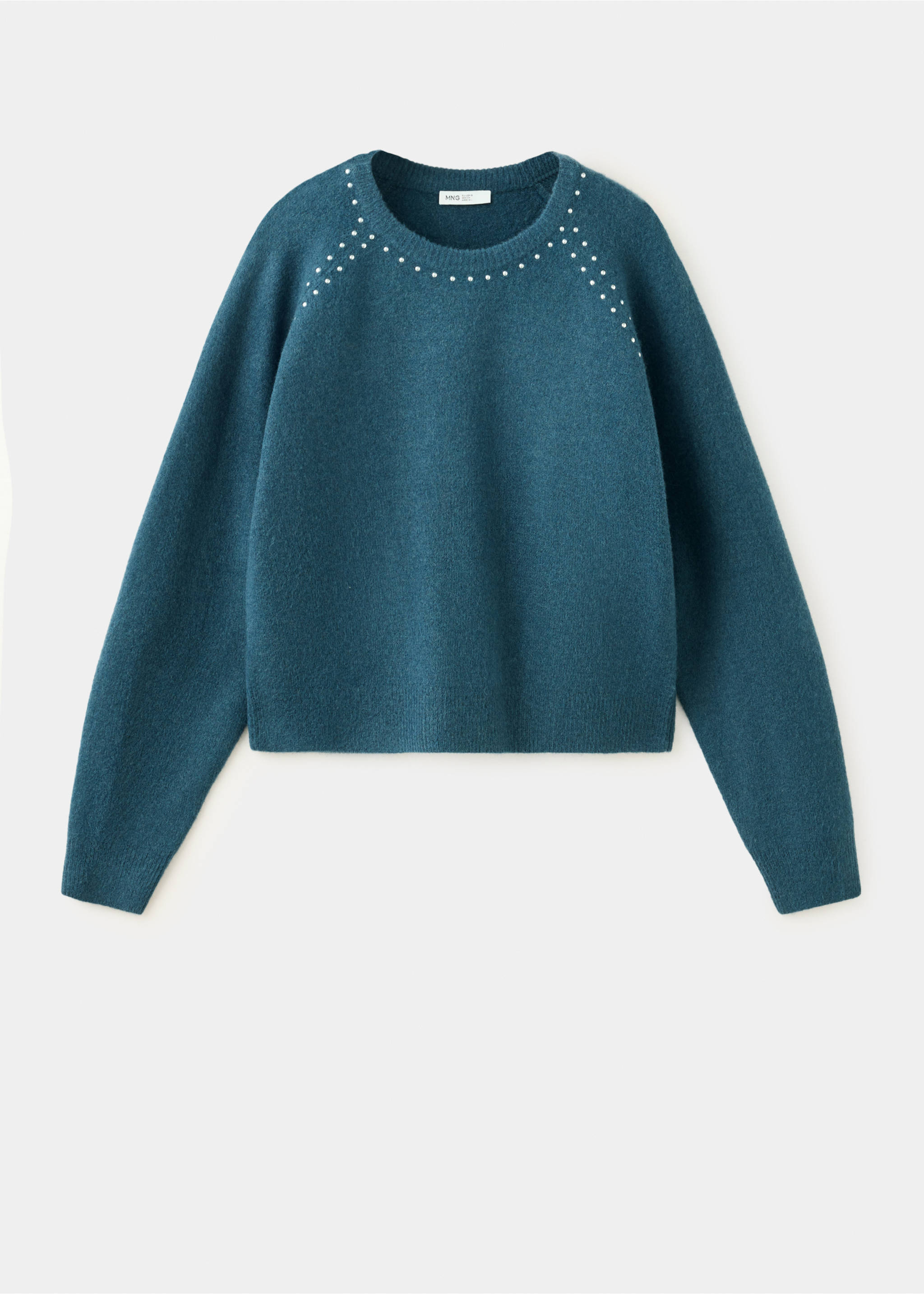 Teal teen sweater in soft knit with white beaded neckline trim., Petrol Blue. Ref: 37016357-00.