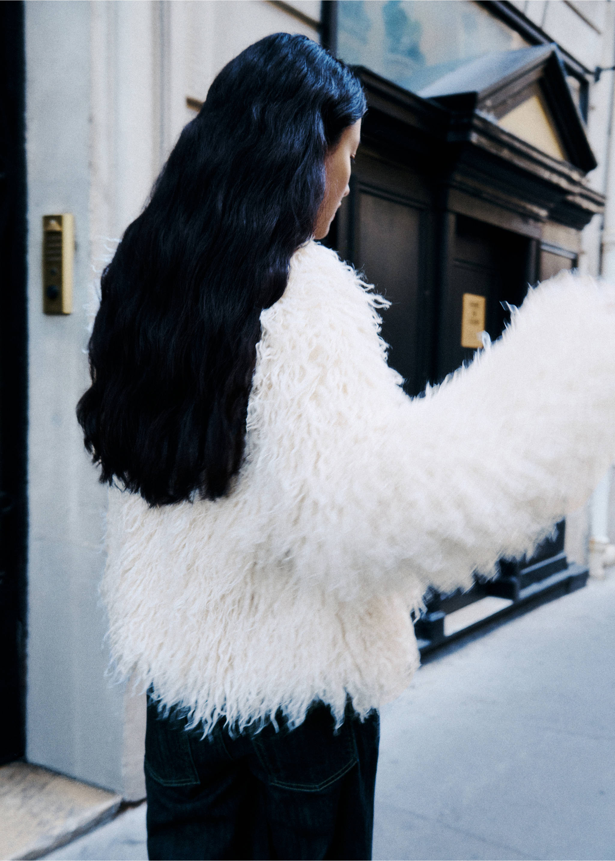 Back view of an off-white shaggy faux-fur coat with a textured finish., Ivory White. Ref: 37016742-01.