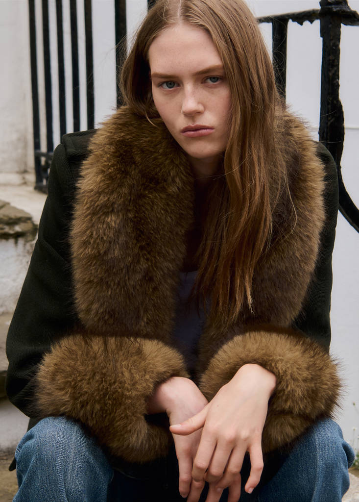 Wool-blend coat with detachable fur — Khaki