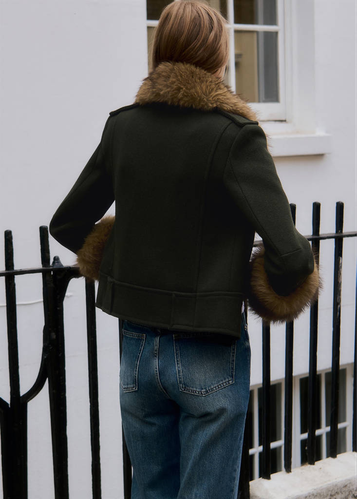 Wool-blend coat with detachable fur — Khaki