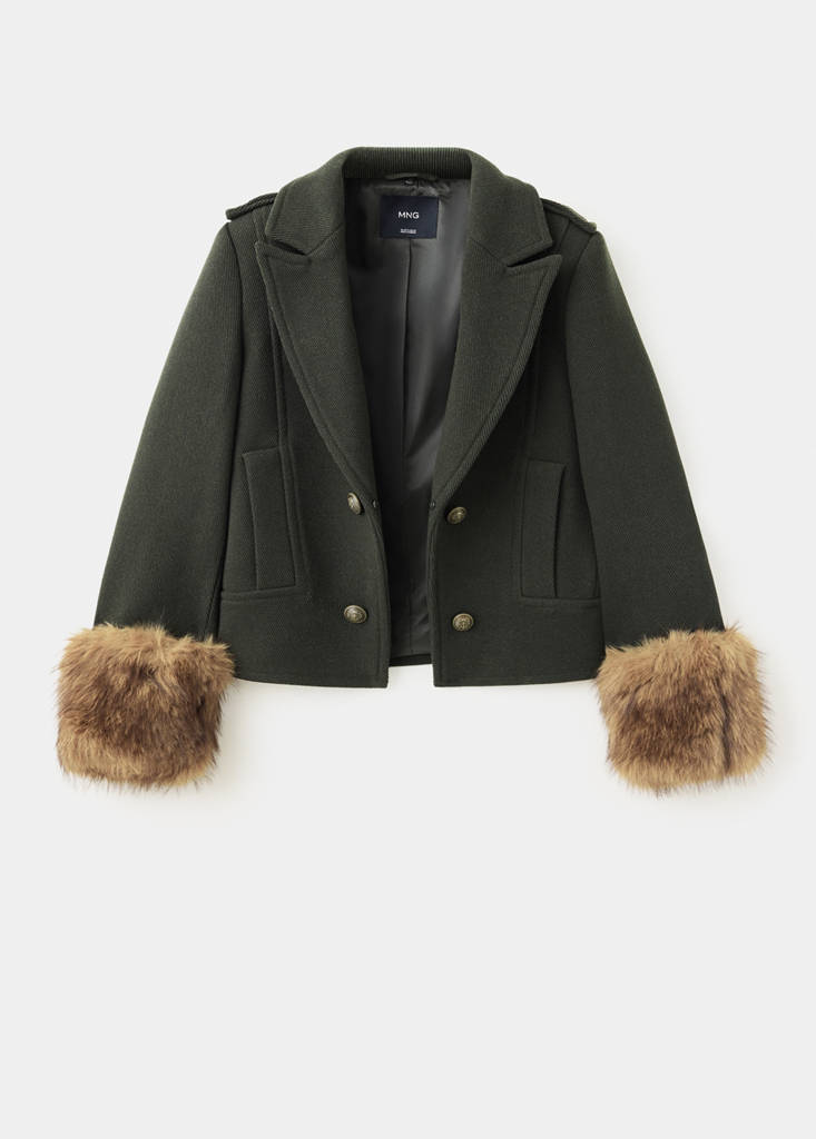 Wool-blend coat with detachable fur — Khaki