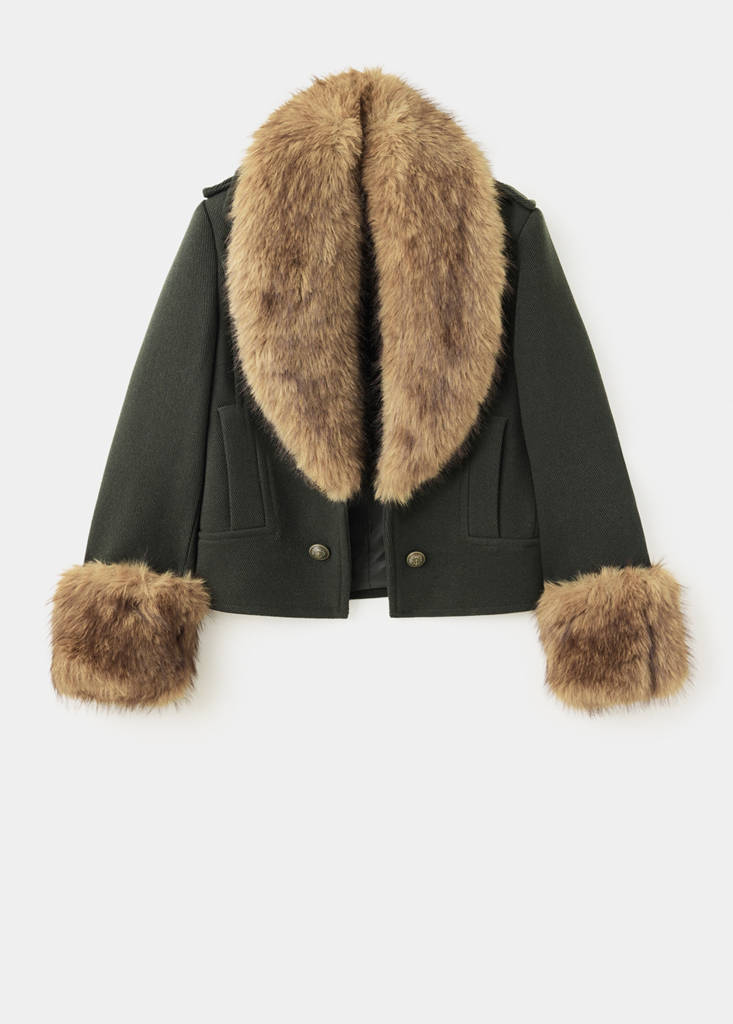 Wool-blend coat with detachable fur — Khaki