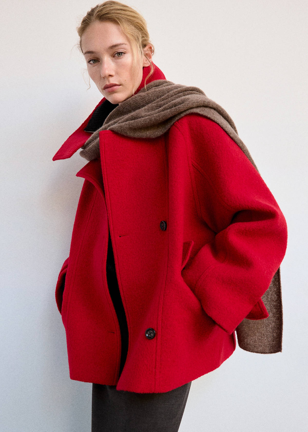 100% wool funnel-neck coat — Red