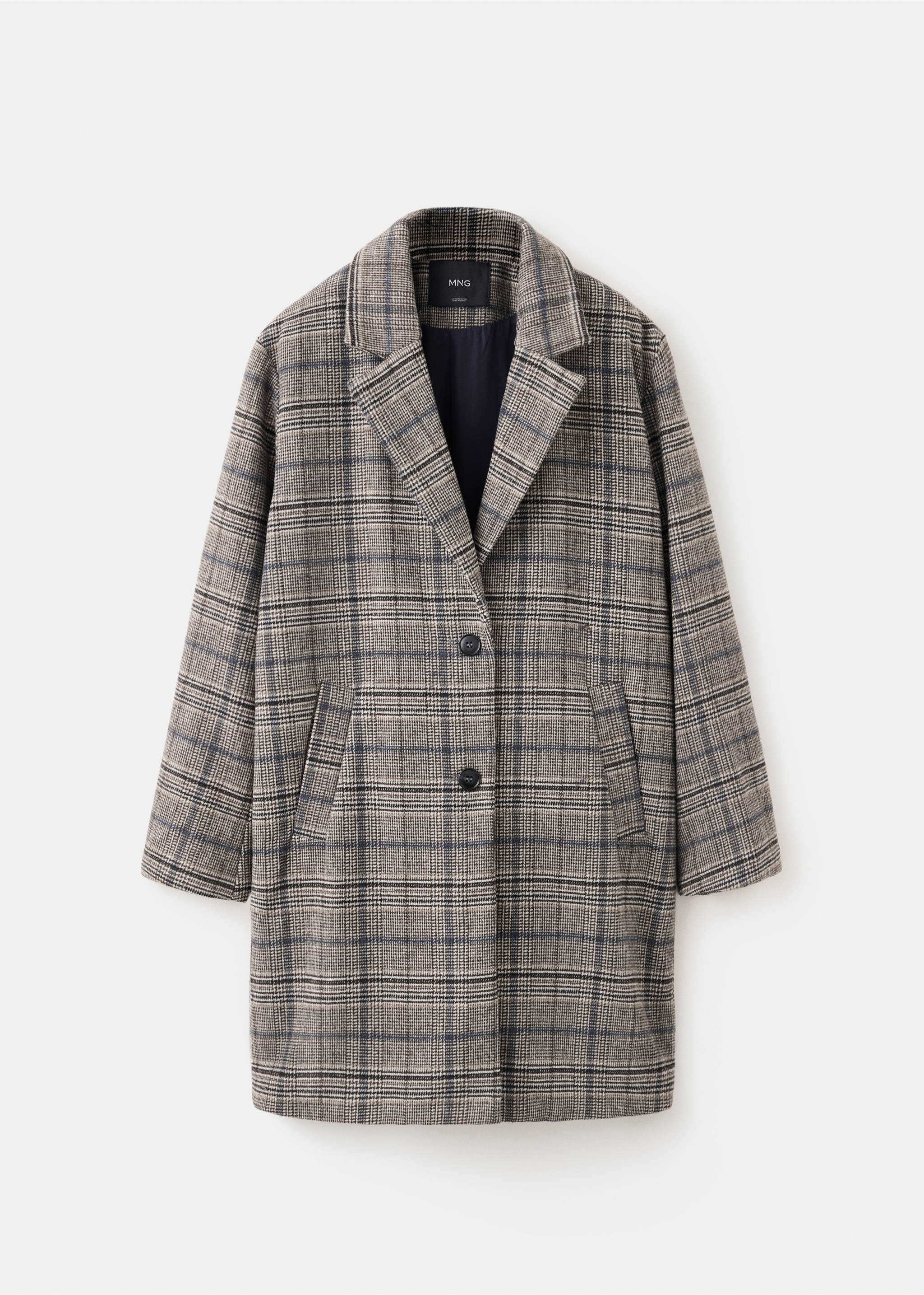 Beige and grey plaid check coat with a notched lapel collar and front button fastening., Grey. Ref: 37016749-00.