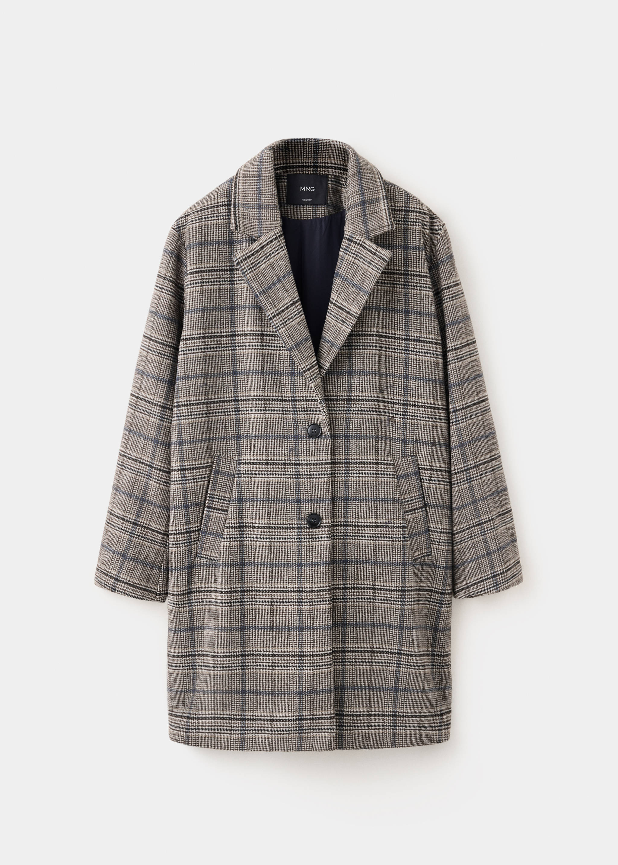 Beige and grey plaid check coat with a notched lapel collar and front button fastening.