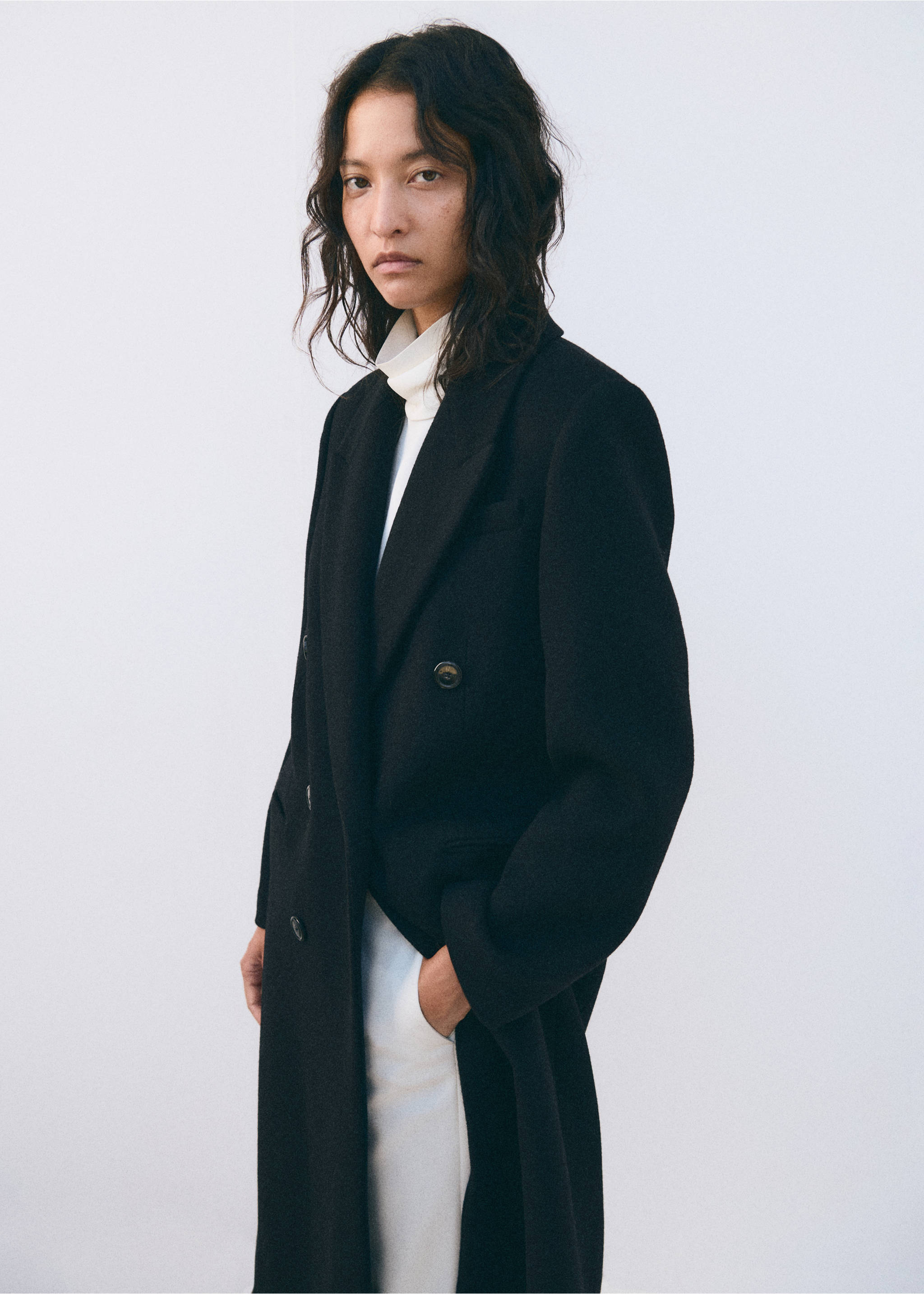 Double-breasted virgin wool coat - Medium plane, Black. Ref: 37016751-01.