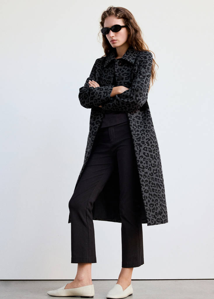 Leopard-print long coat — Grey