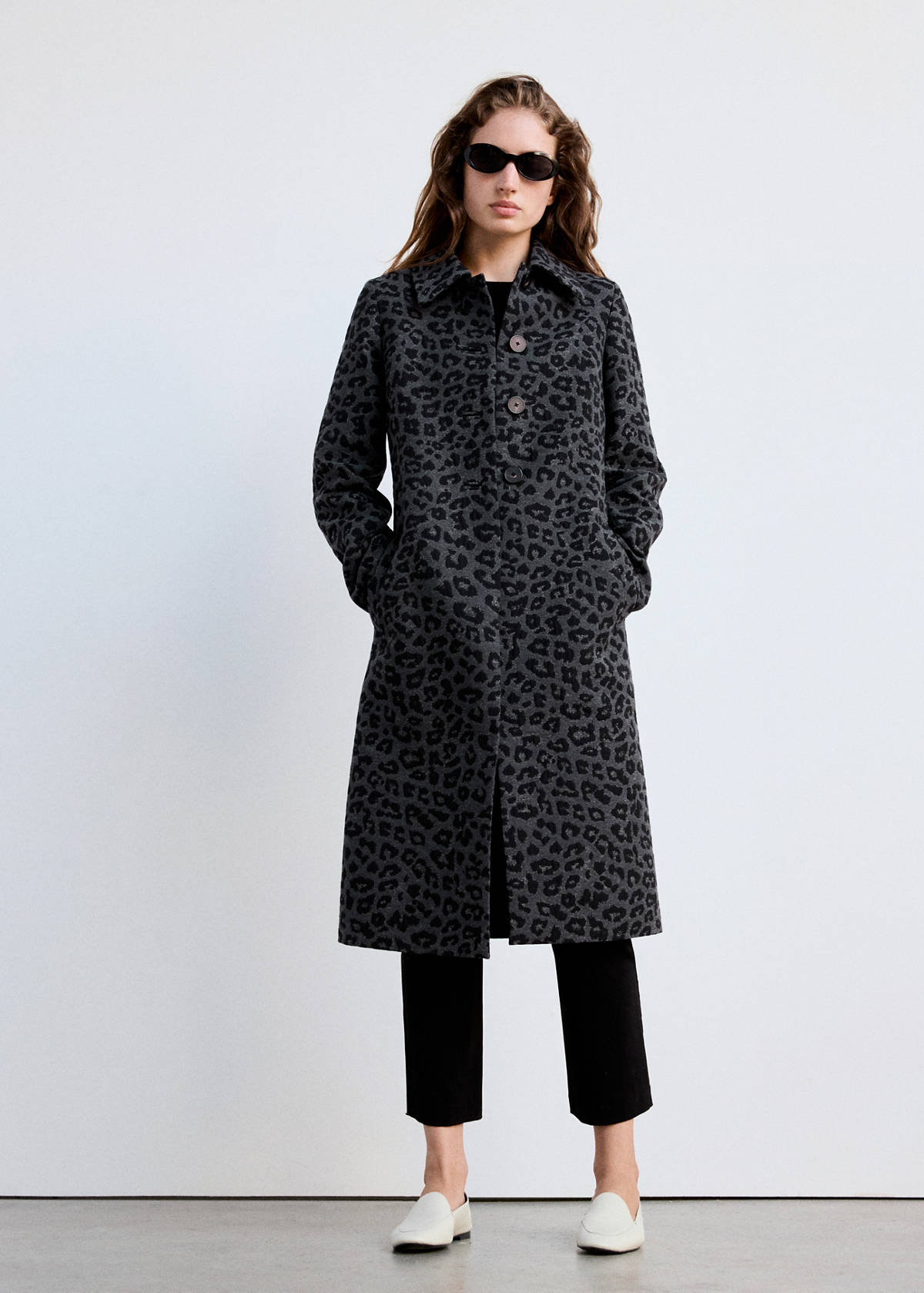 Leopard-print long coat — Grey