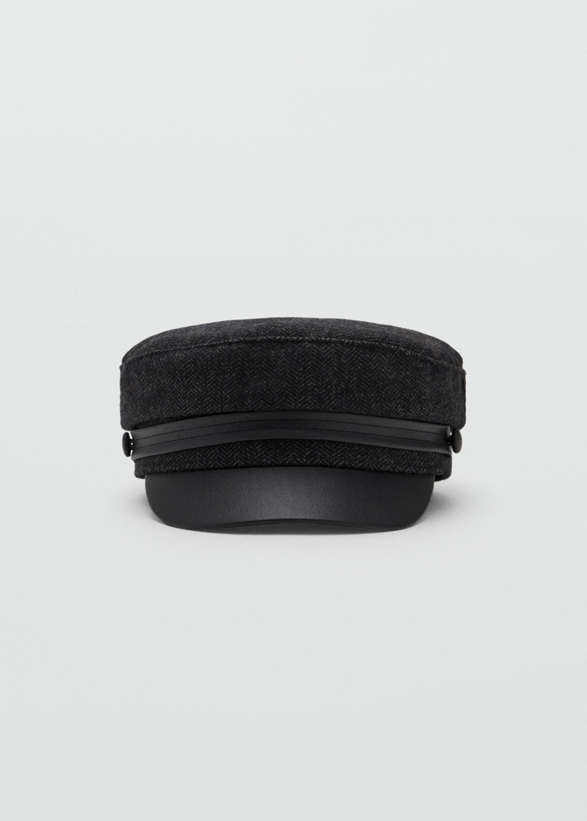 Dark grey herringbone cap with a black visor and band.