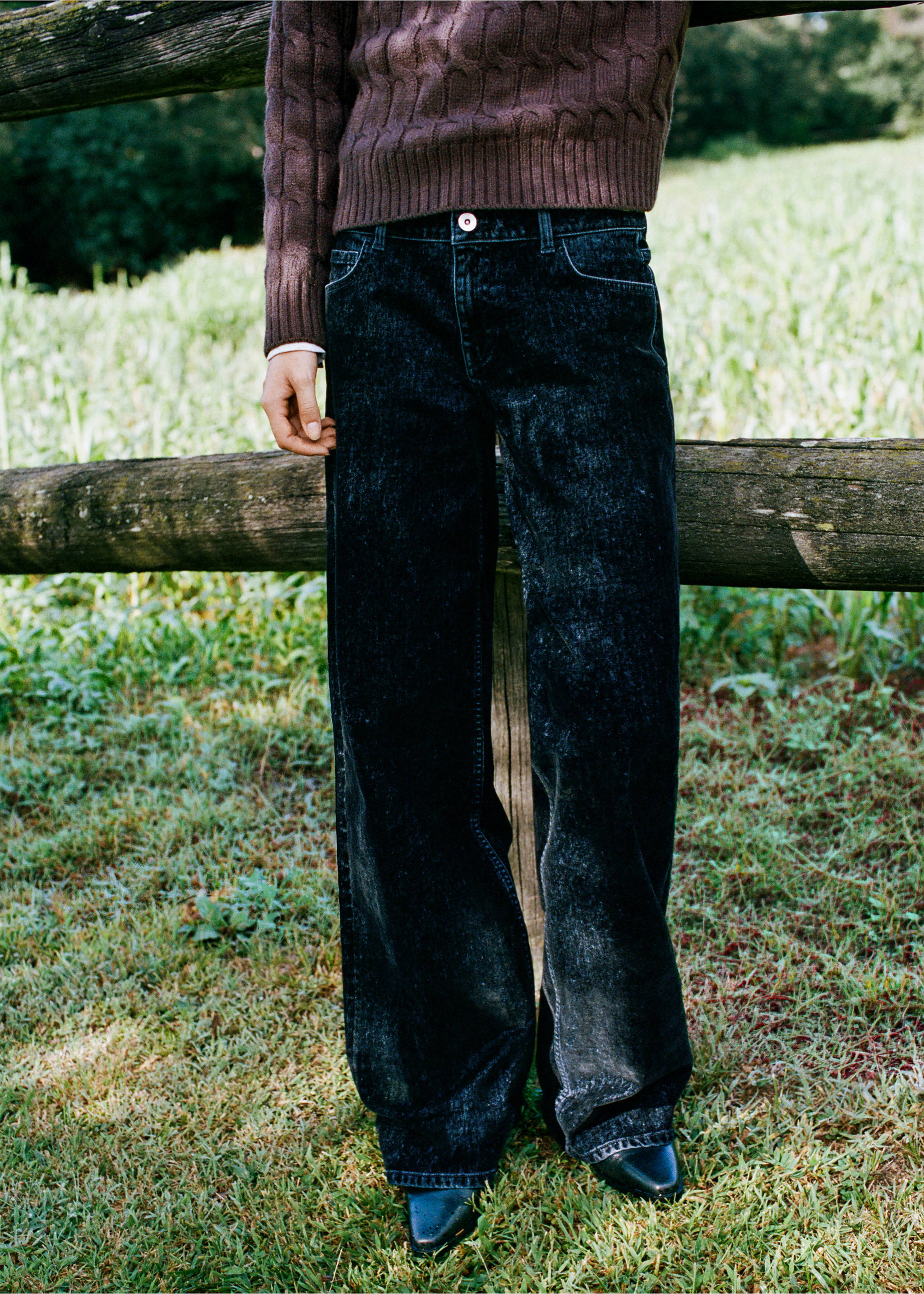 Velvet wide-leg jeans - Medium plane, Navy. Ref: 37017135-00.