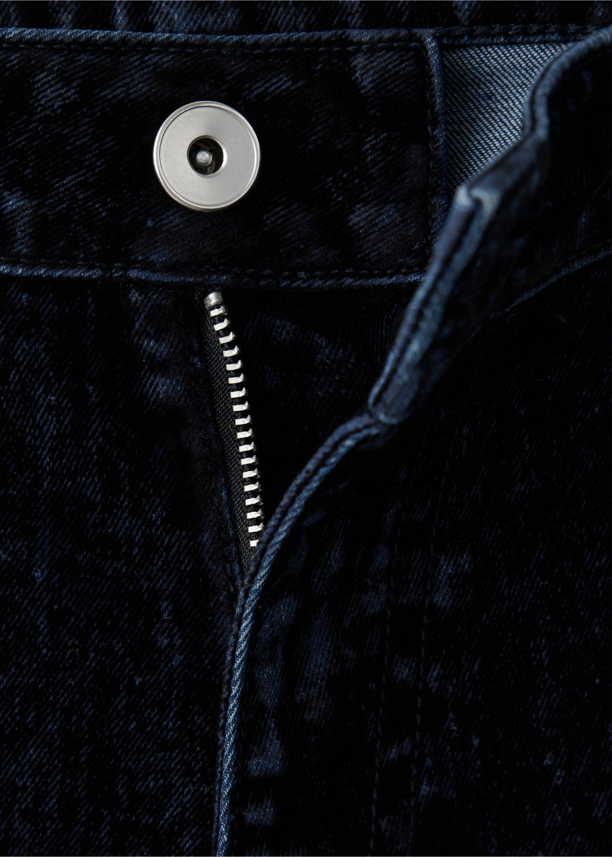Close-up of dark blue denim trousers button and zip closure., Navy. Ref: 37017135-00.