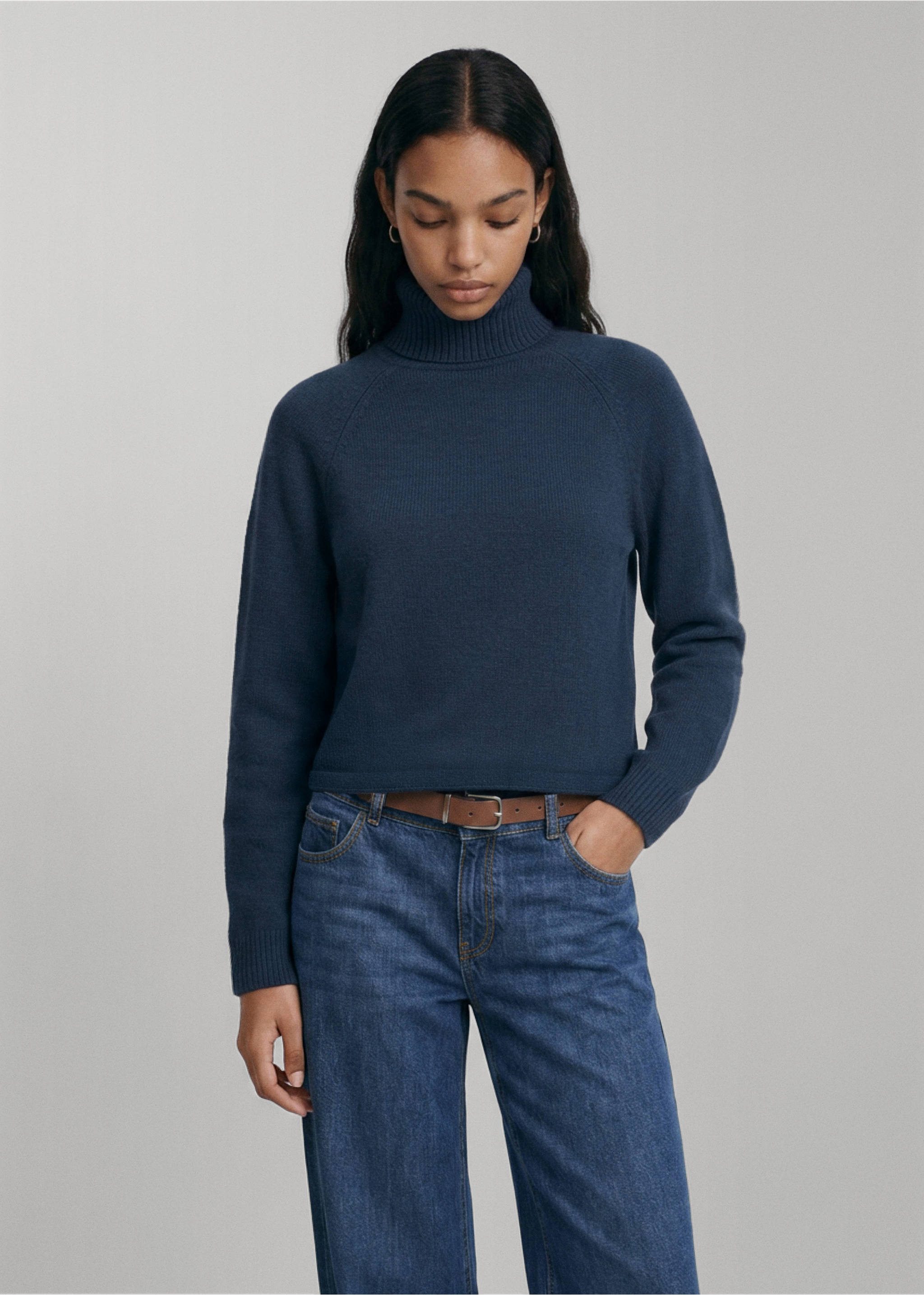 Dark blue knitted roll-neck jumper with long sleeves., Navy. Ref: 37017139-00.