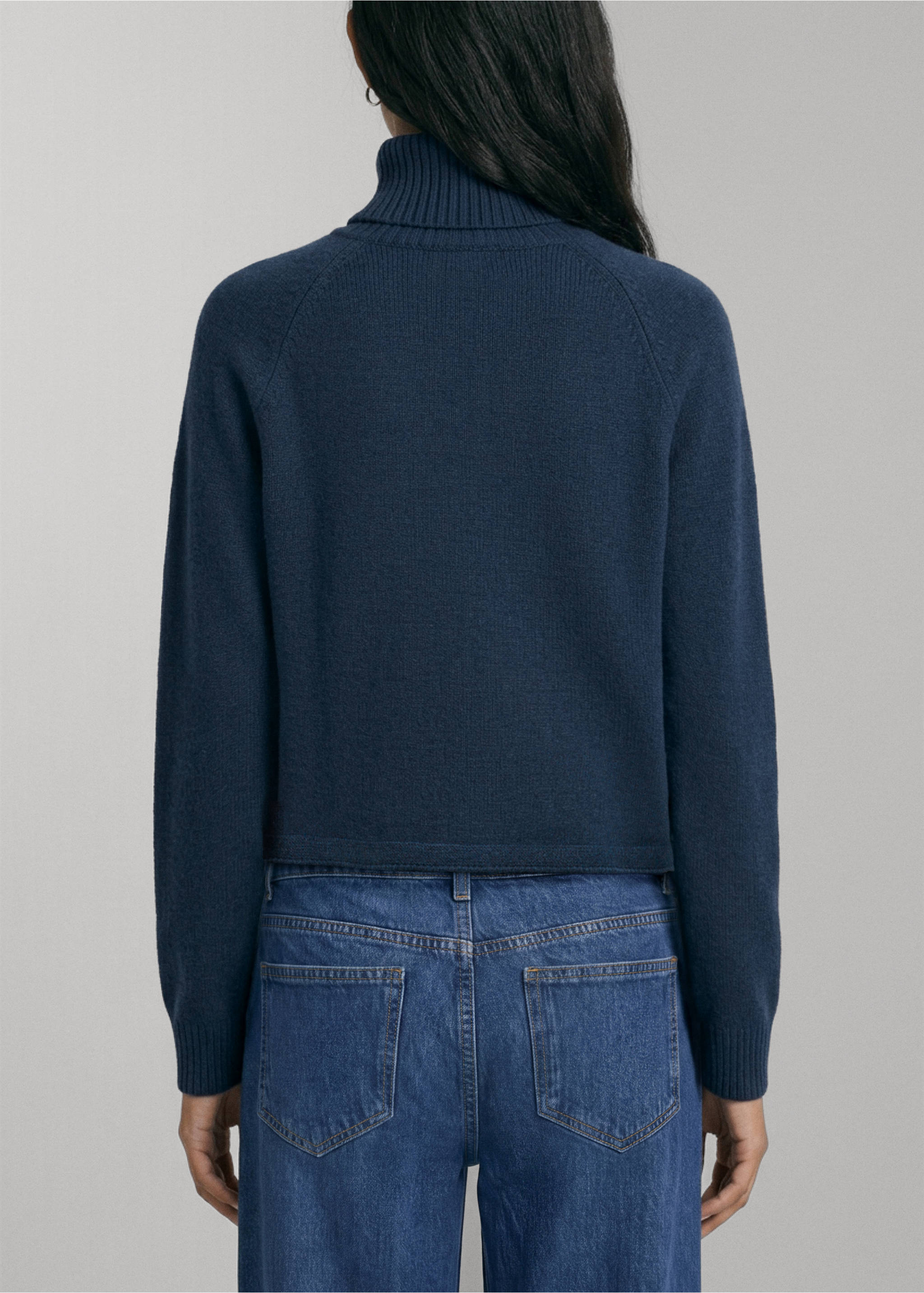Dark blue knitted jumper with a ribbed turtleneck, seen from the back., Navy. Ref: 37017139-00.