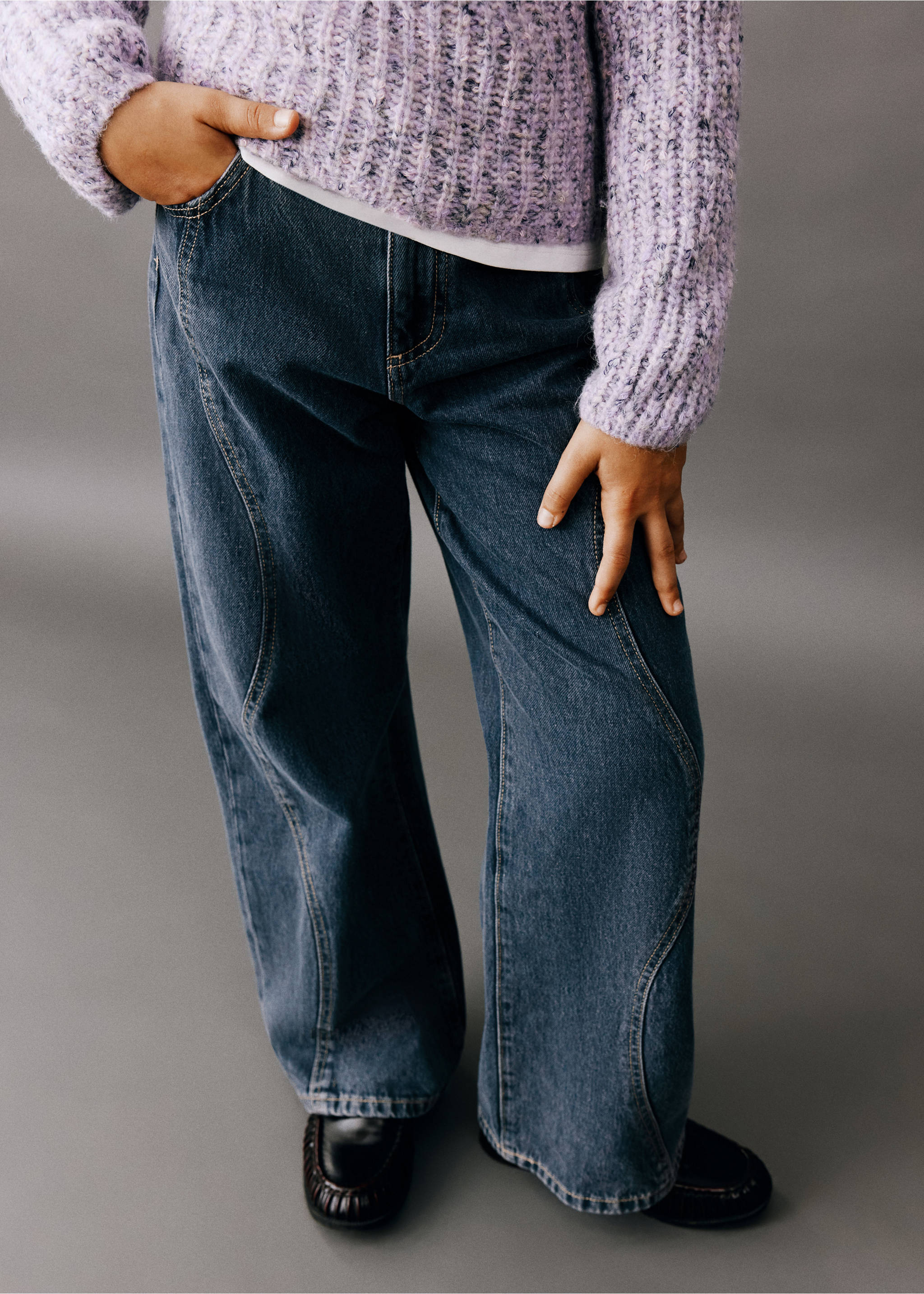 Wide-leg jeans with seam detailing - Details of the article 1, Medium Vintage Blue. Ref: 37017140-00.