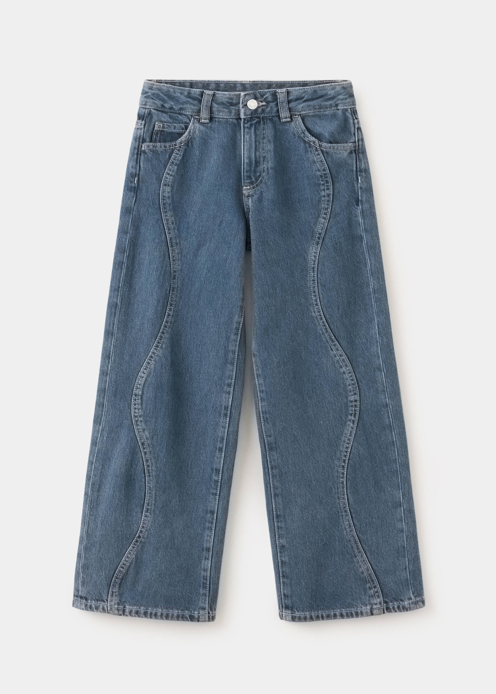 Blue denim trousers with curved front seams and straight legs.