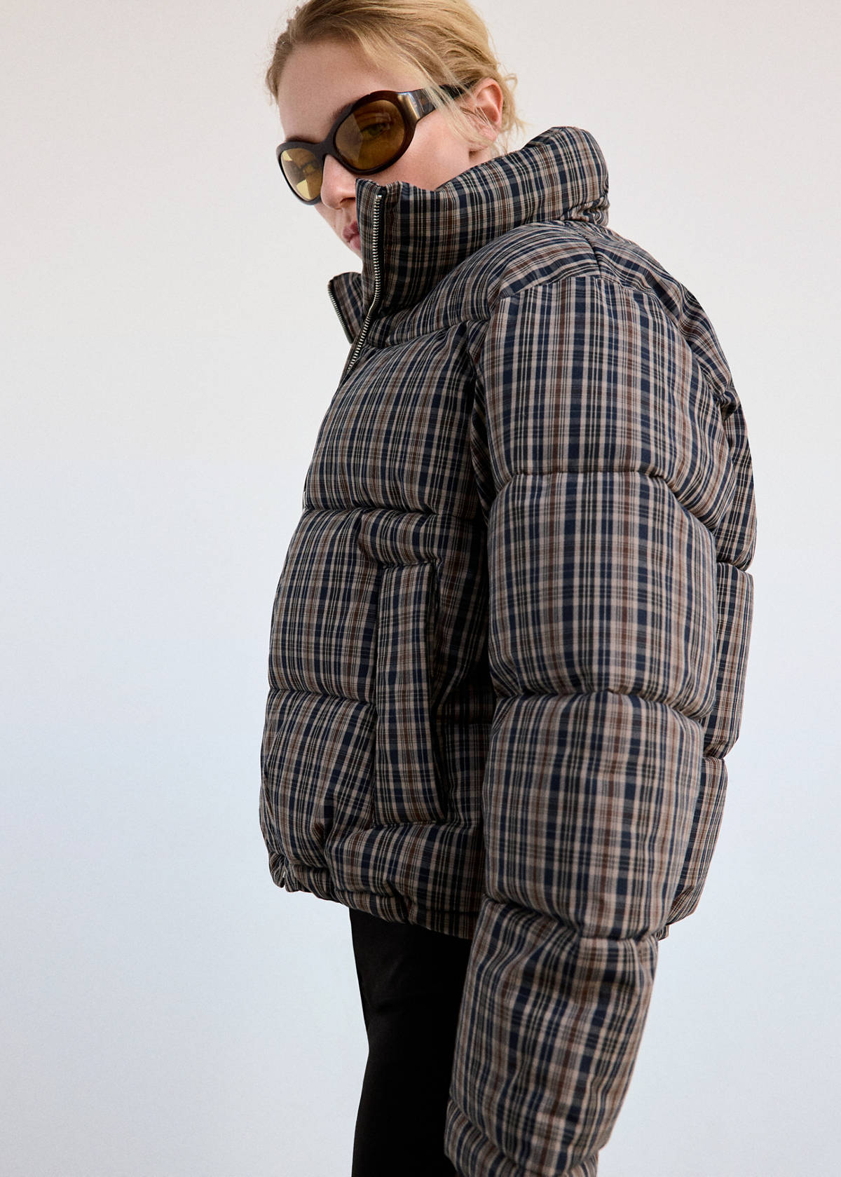 Checked anorak with funnel neck — Navy