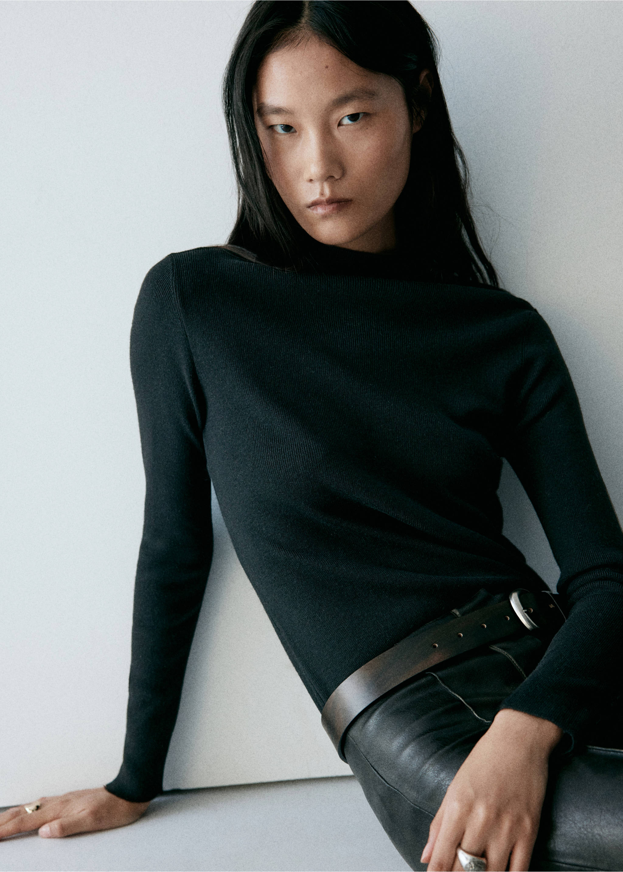 Knitted sweater with perkins neck - Medium plane, Black. Ref: 37017778-00.