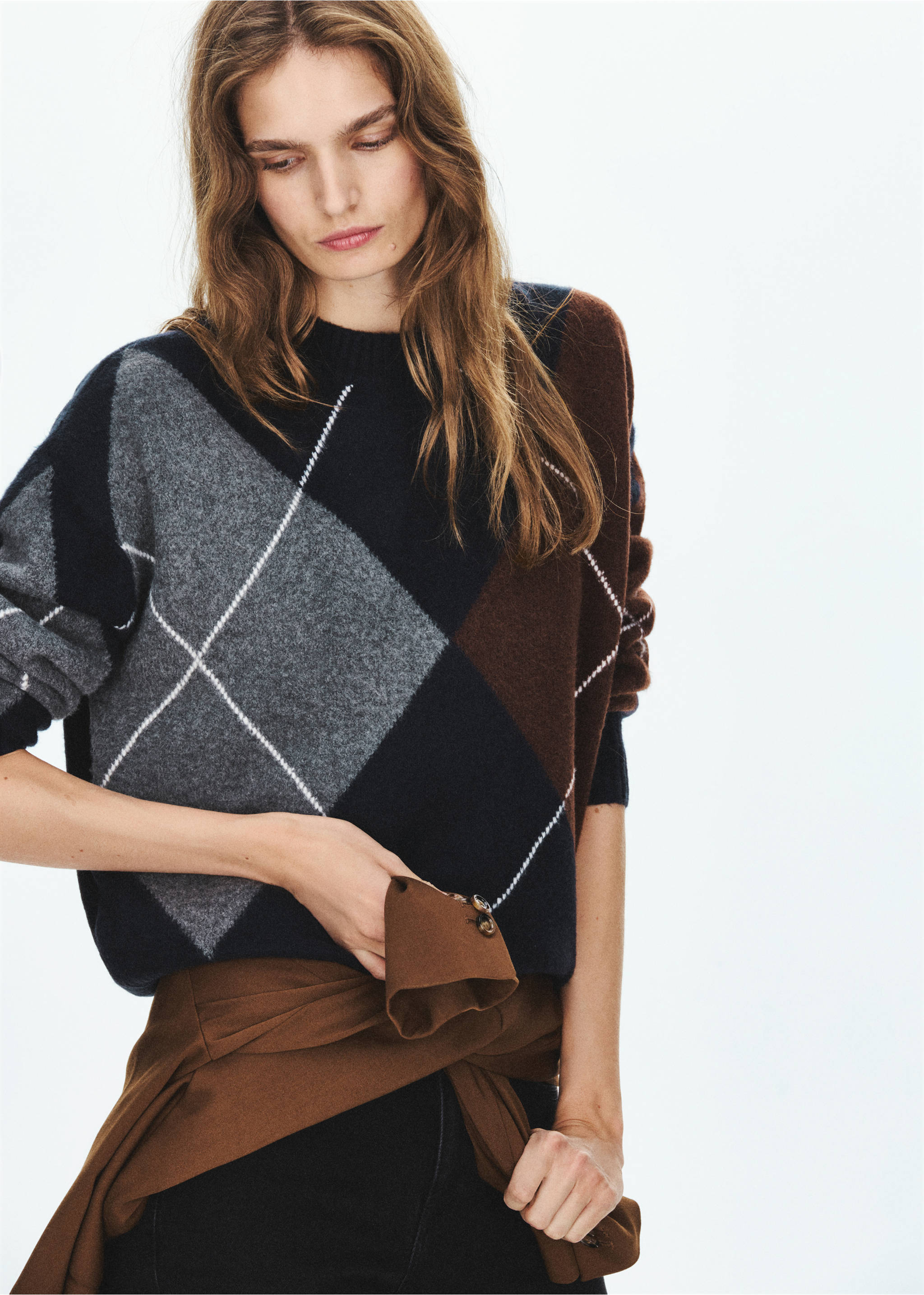 Pull maille losanges - Plan moyen, Bleu marine. Ref: 37017779-00.
