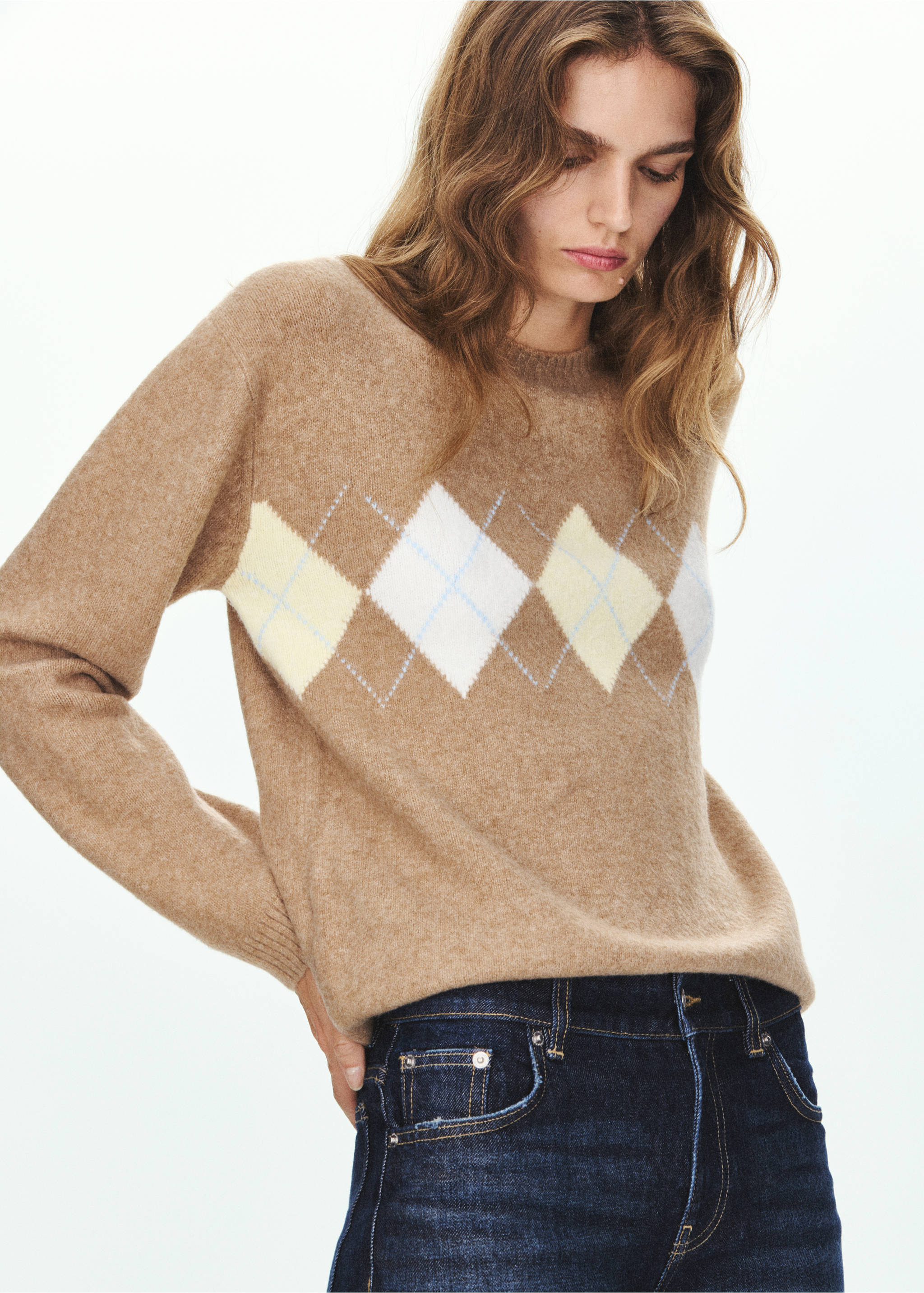 Diamond-pattern sweater with crew neck - Medium plane, Medium Brown. Ref: 37017781-00.