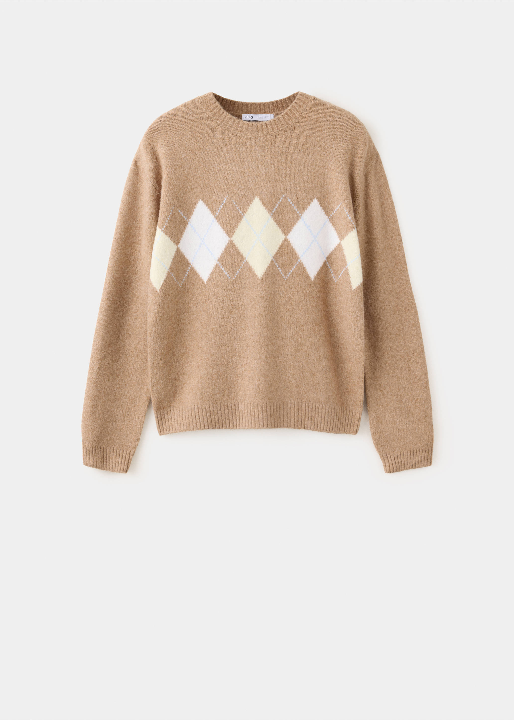 Beige knit jersey featuring a round neck and a chest argyle pattern., Medium Brown. Ref: 37017781-00.