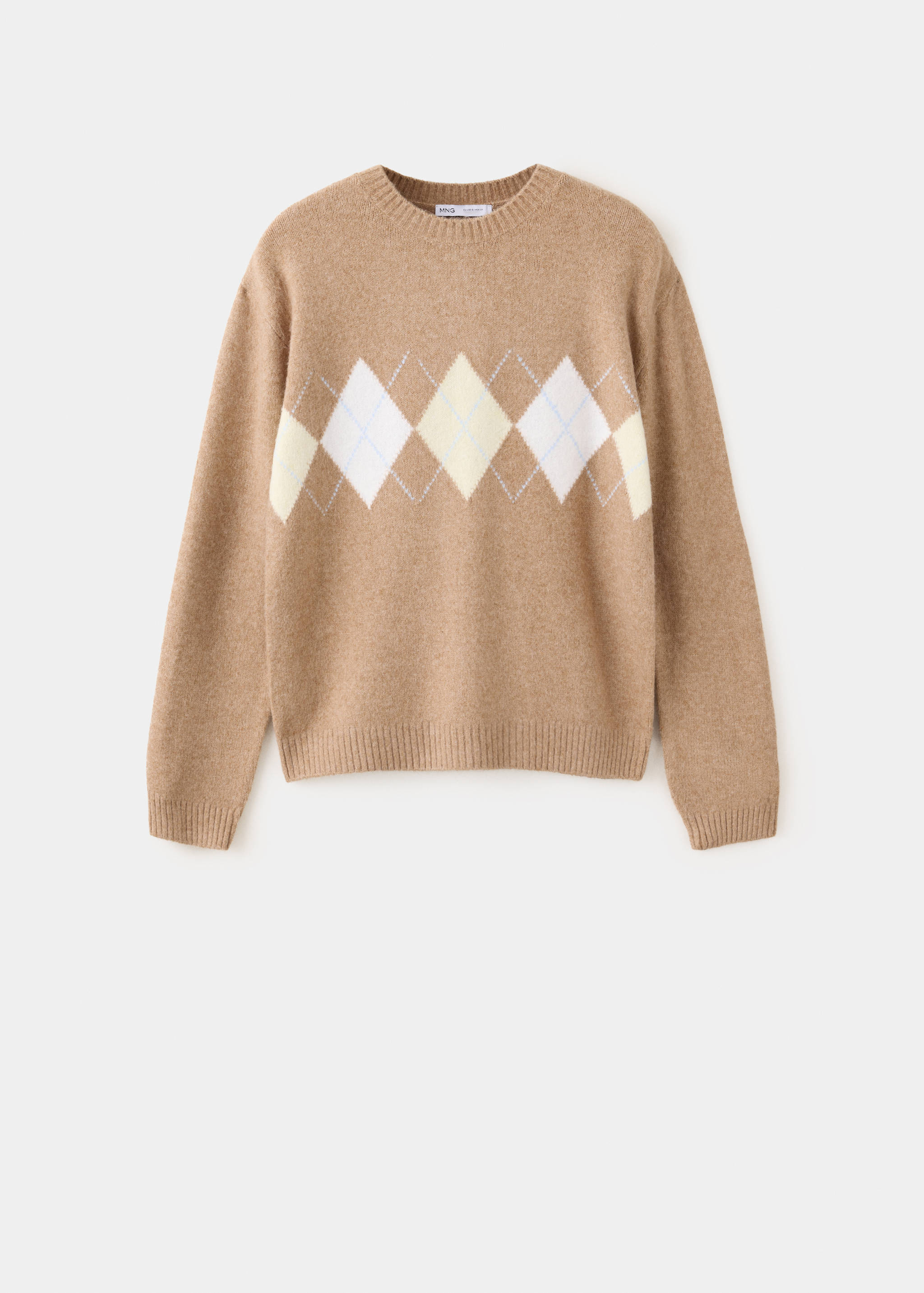 Beige knit jersey featuring a round neck and a chest argyle pattern.